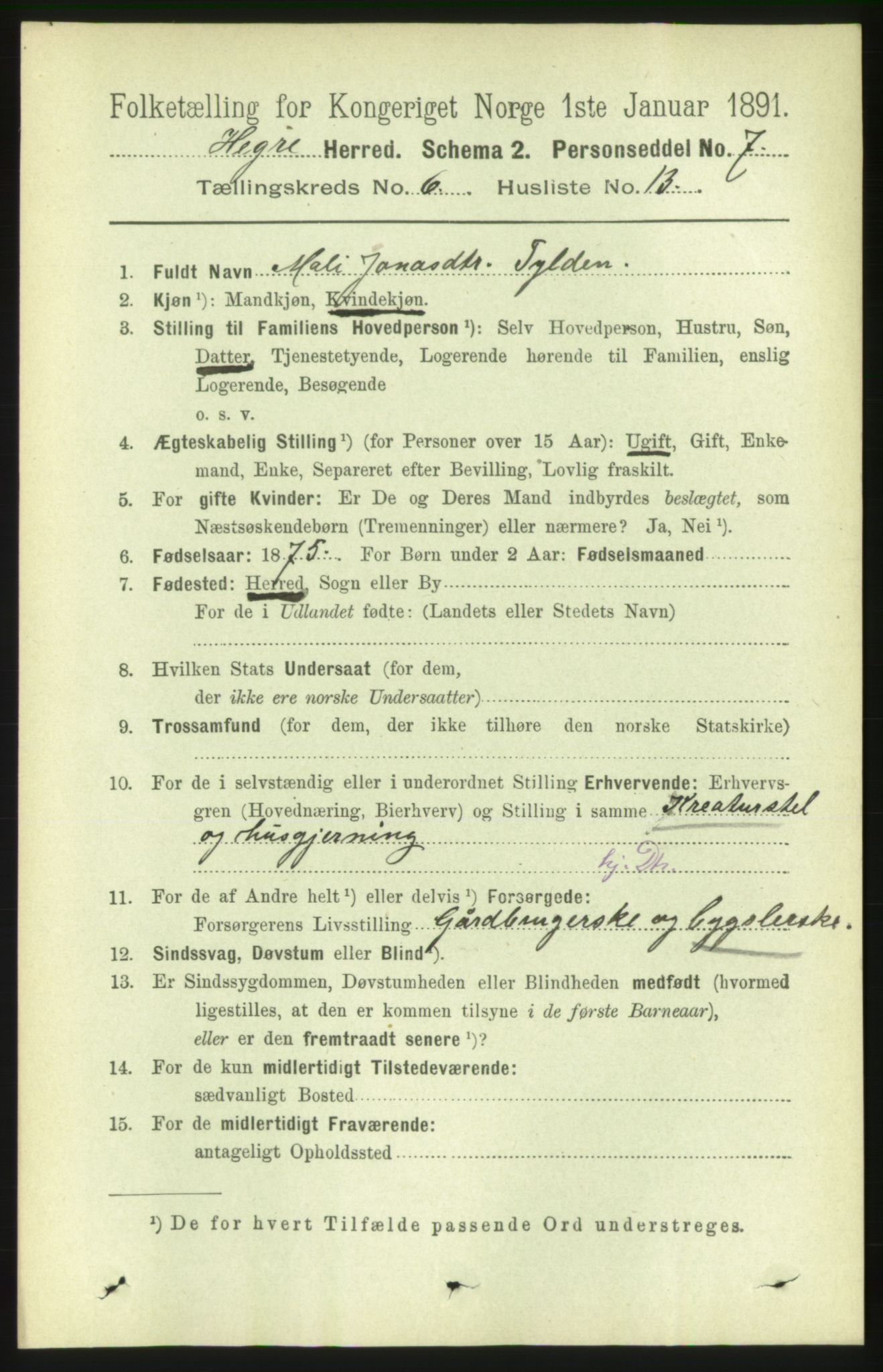 RA, 1891 census for 1712 Hegra, 1891, p. 2425