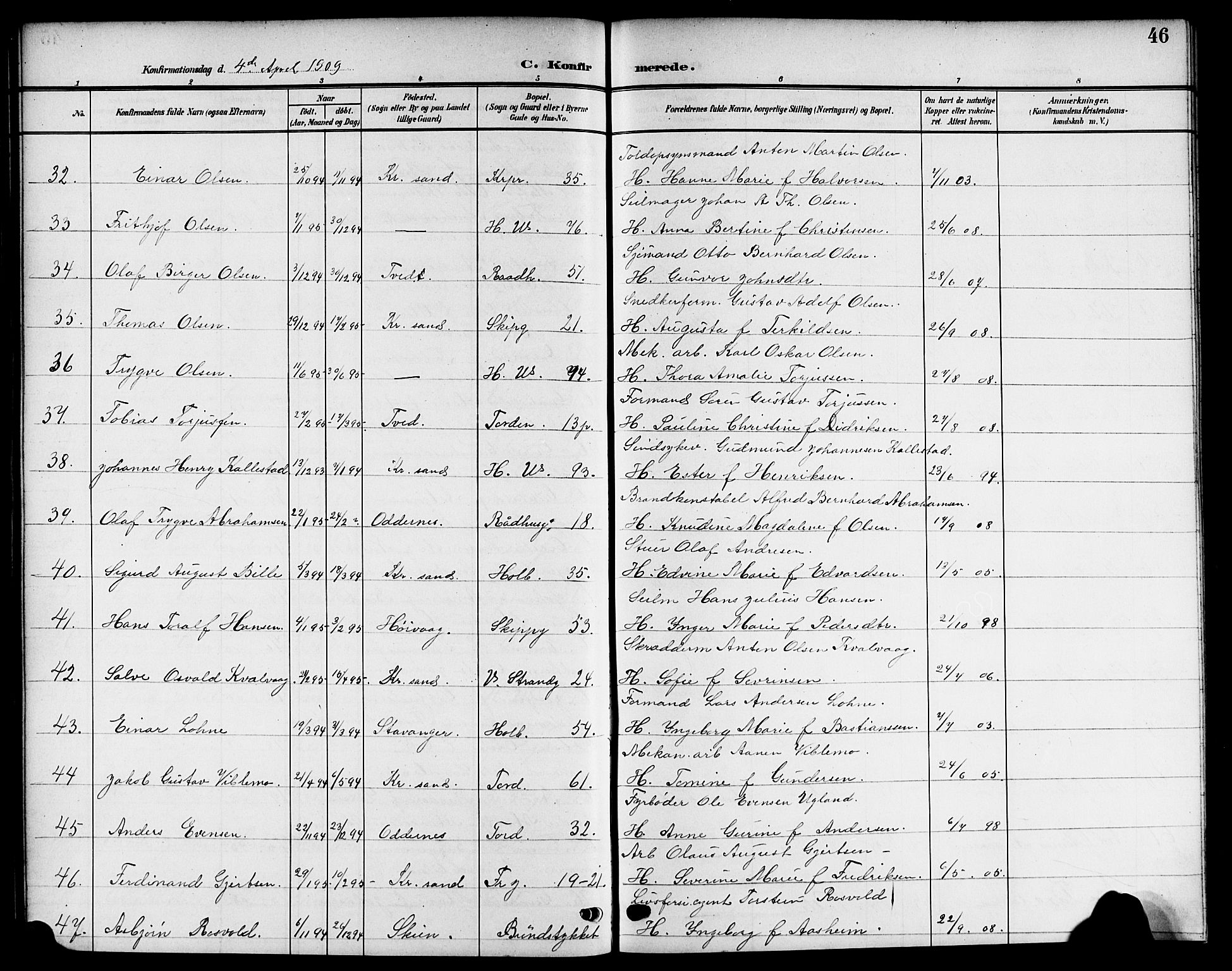 Kristiansand domprosti, AV/SAK-1112-0006/F/Fb/L0020: Parish register (copy) no. B 20, 1906-1915, p. 46