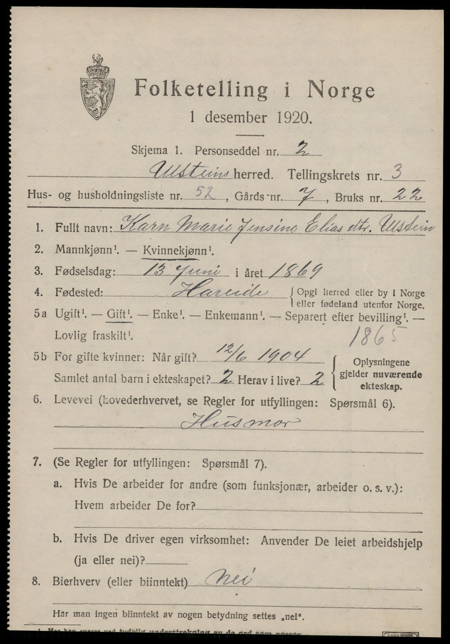 SAT, 1920 census for Ulstein, 1920, p. 2606