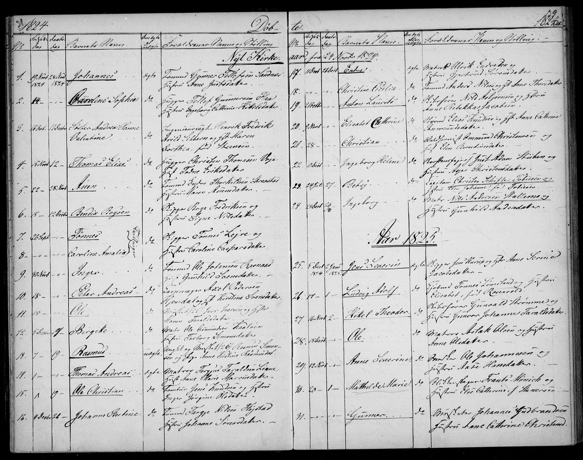 Kristiansand domprosti, SAK/1112-0006/F/Fb/L0002: Parish register (copy) no. B 2, 1822-1825, p. 38-39