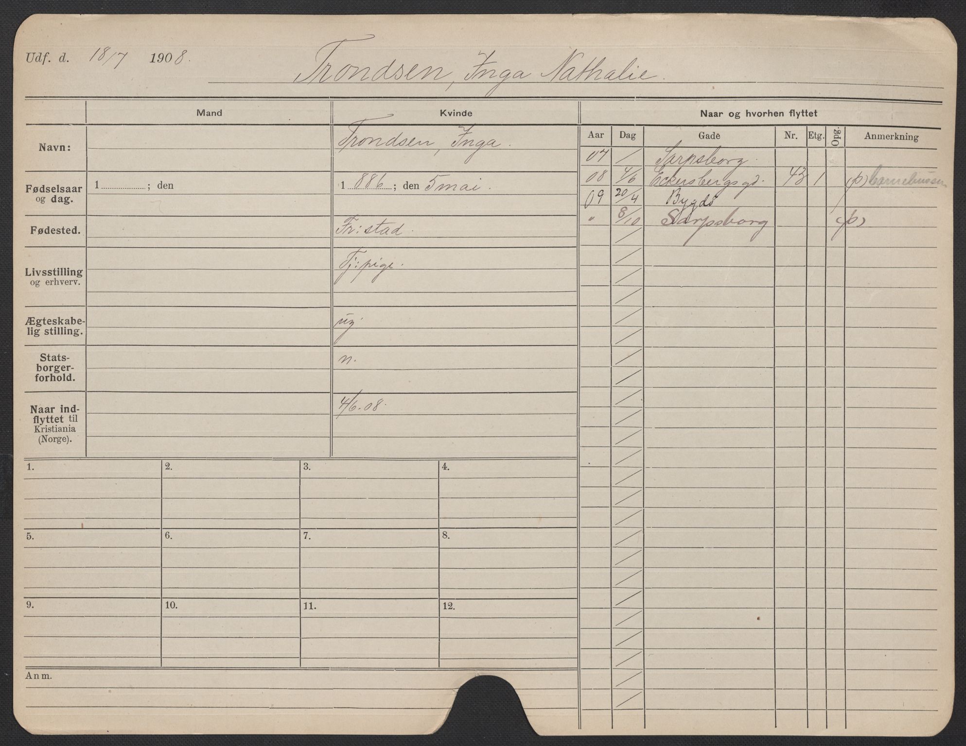 Oslo folkeregister, Registerkort, AV/SAO-A-11715/F/Fa/Fac/L0025: Kvinner, 1906-1914, p. 301a