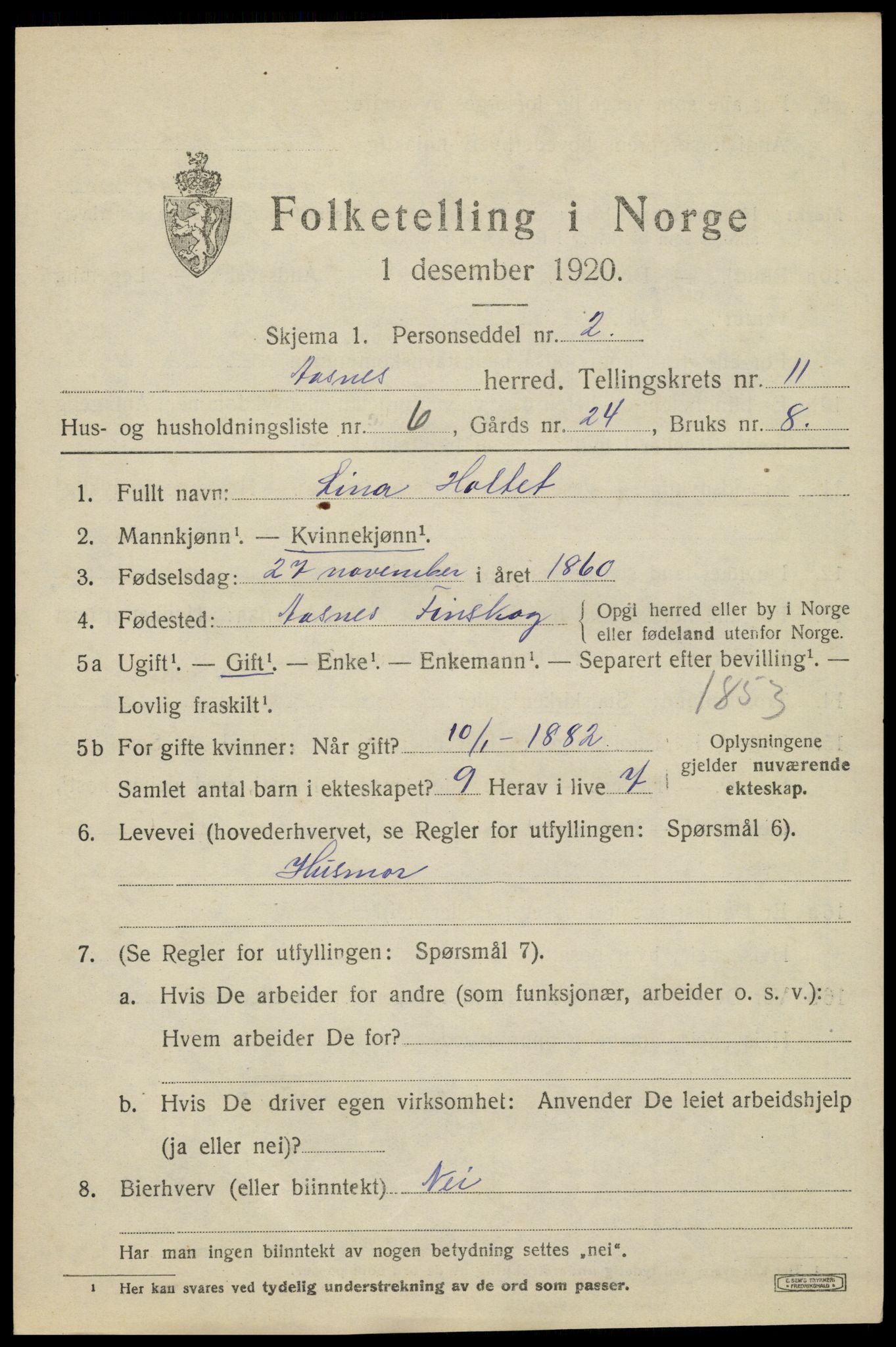 SAH, 1920 census for Åsnes, 1920, p. 11518