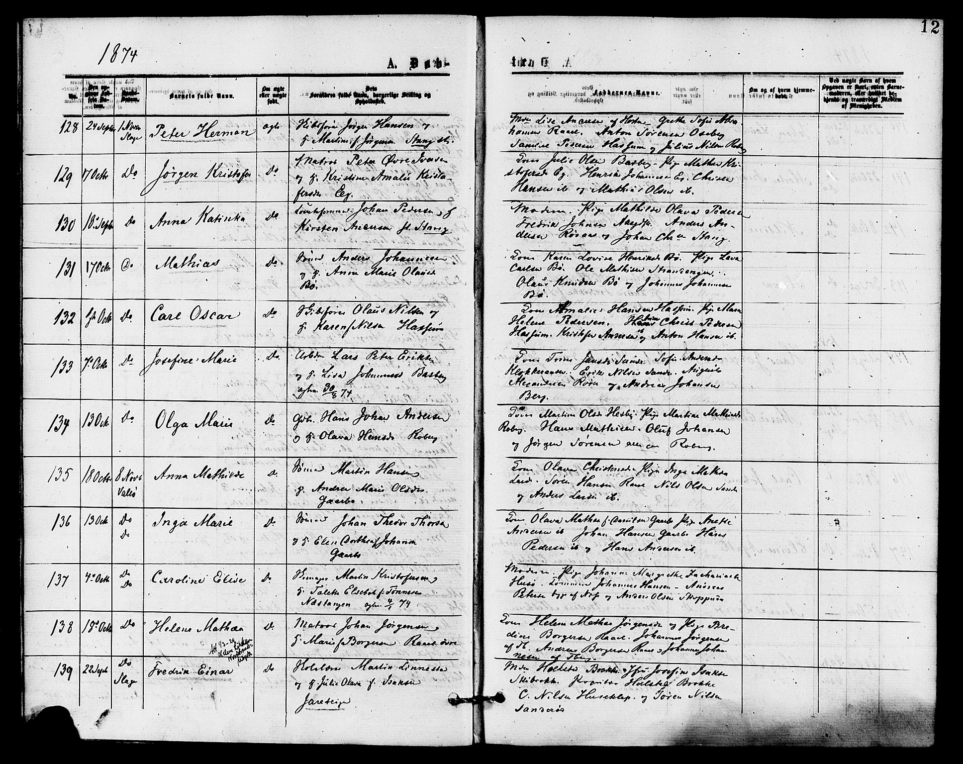 Sem kirkebøker, AV/SAKO-A-5/F/Fa/L0009: Parish register (official) no. I 9, 1874-1877, p. 12