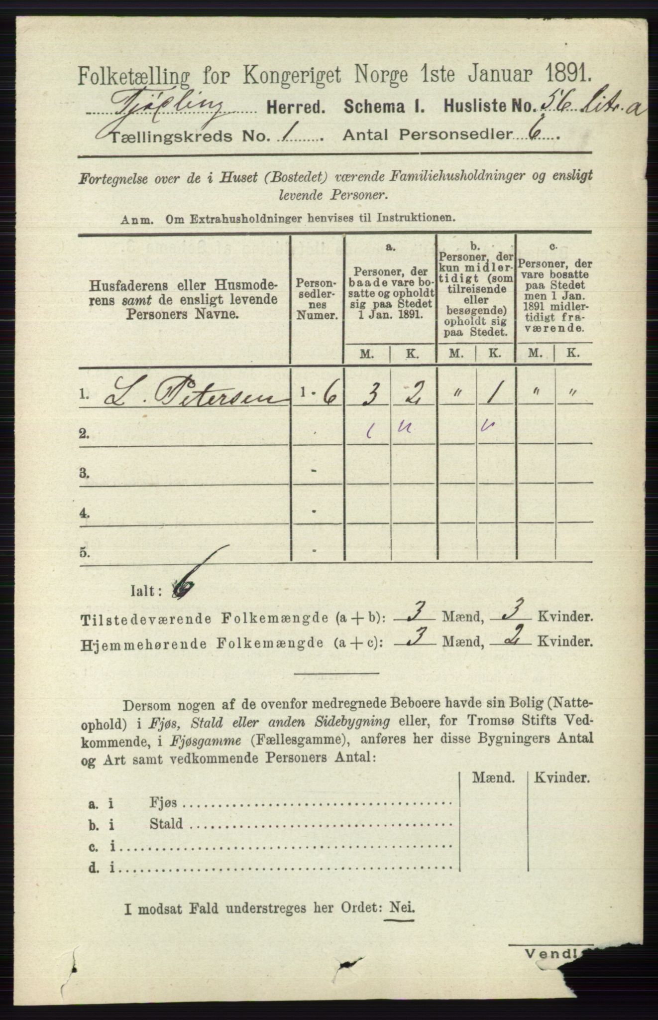 RA, 1891 census for 0725 Tjølling, 1891, p. 83