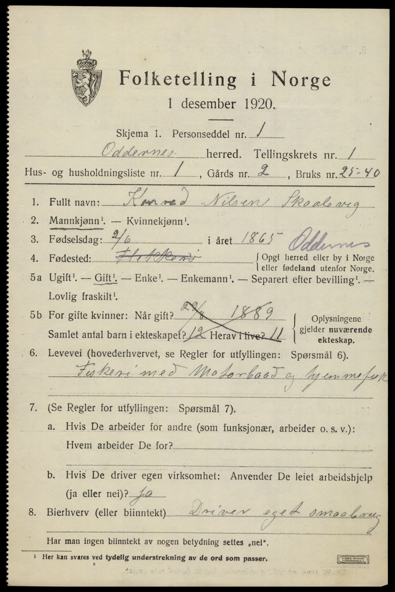 SAK, 1920 census for Oddernes, 1920, p. 1997