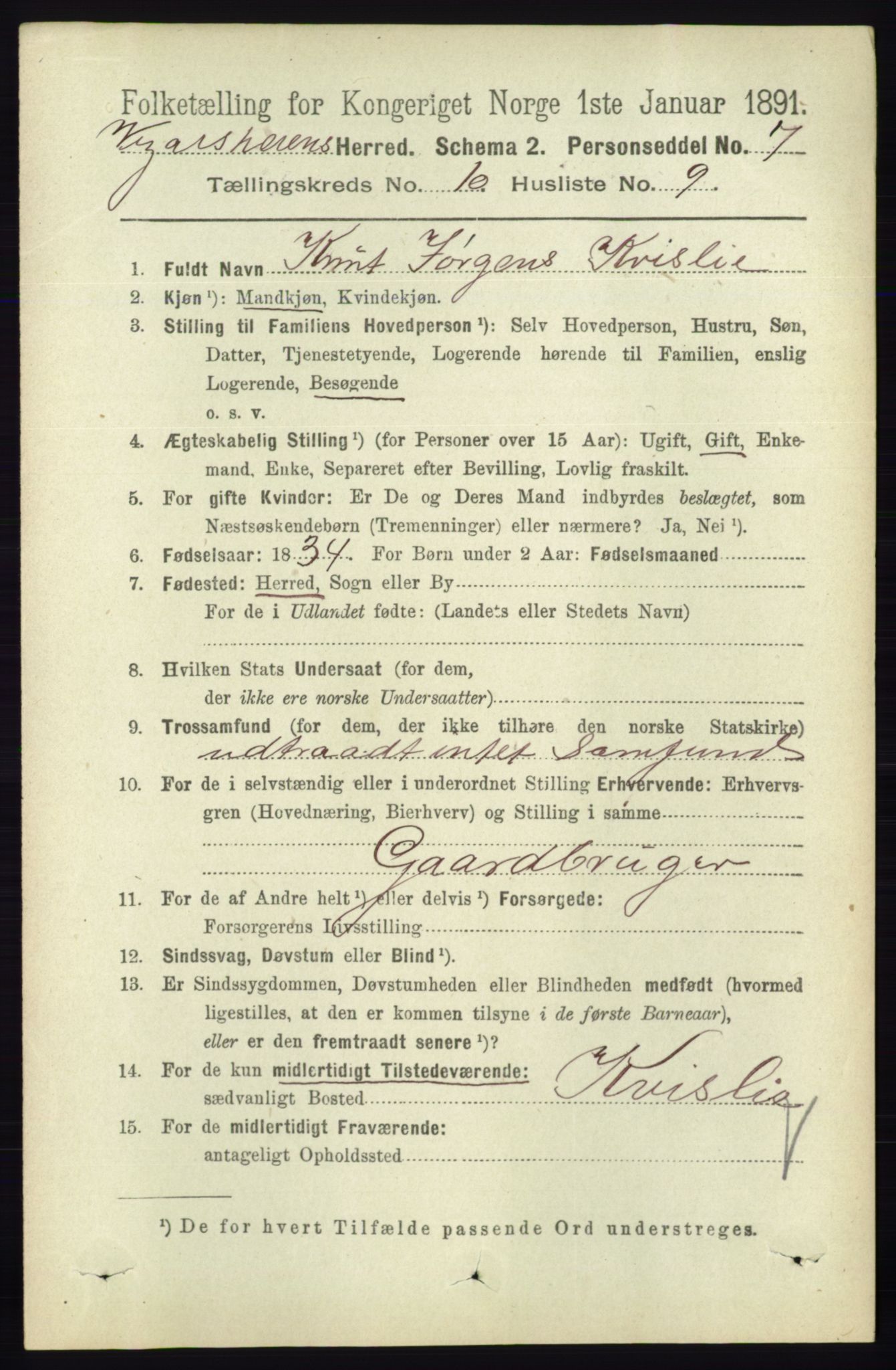 RA, 1891 census for 0912 Vegårshei, 1891, p. 1989