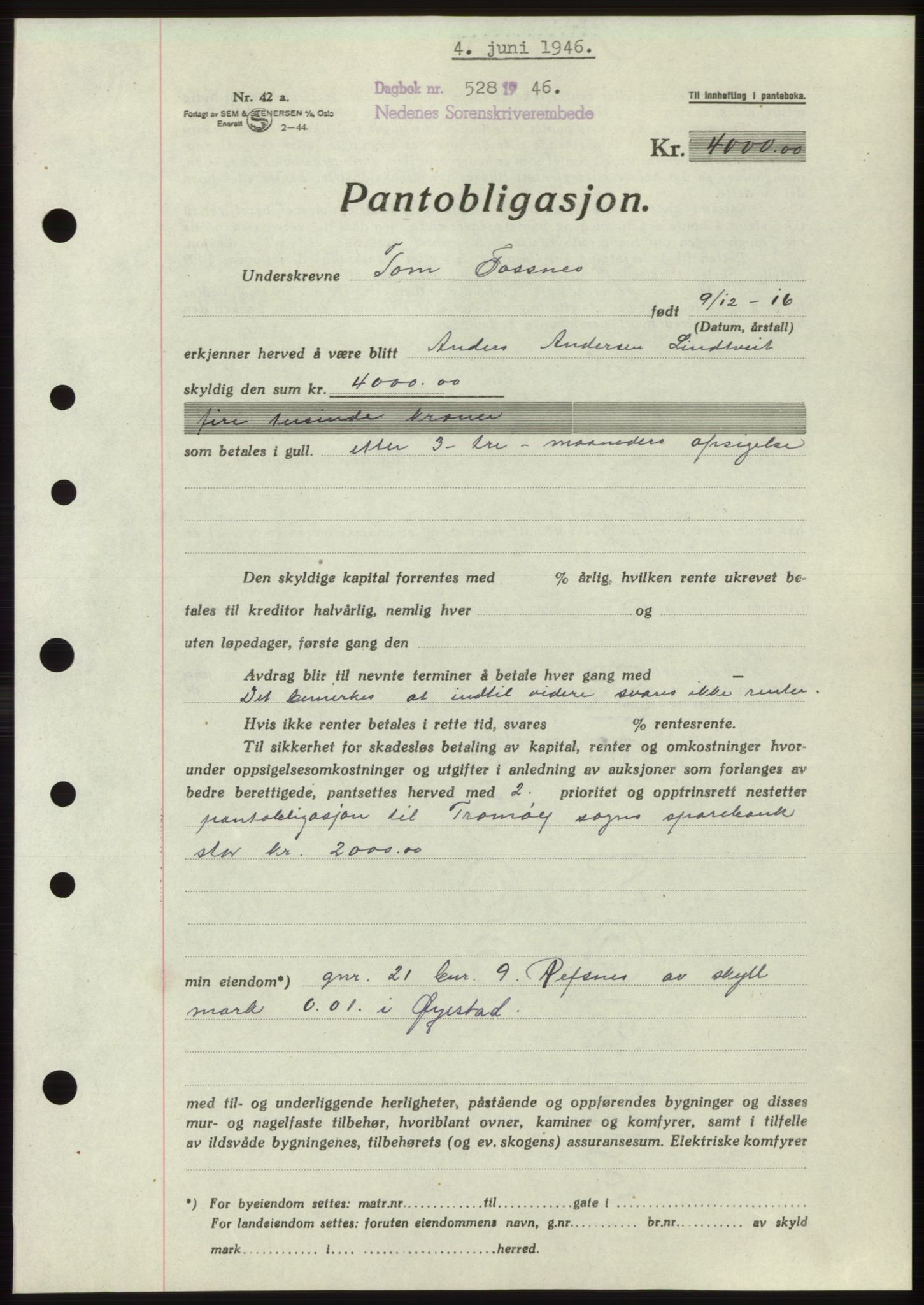 Nedenes sorenskriveri, SAK/1221-0006/G/Gb/Gbb/L0003: Mortgage book no. B3b, 1946-1946, Diary no: : 528/1946