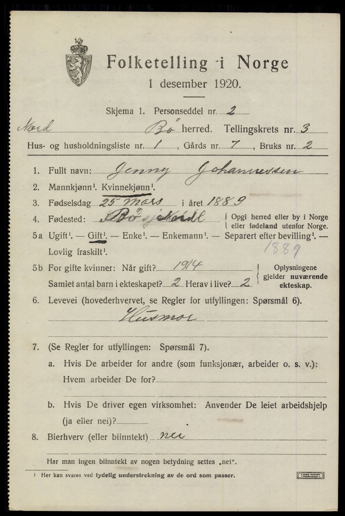 SAT, 1920 census for Bø, 1920, p. 2664