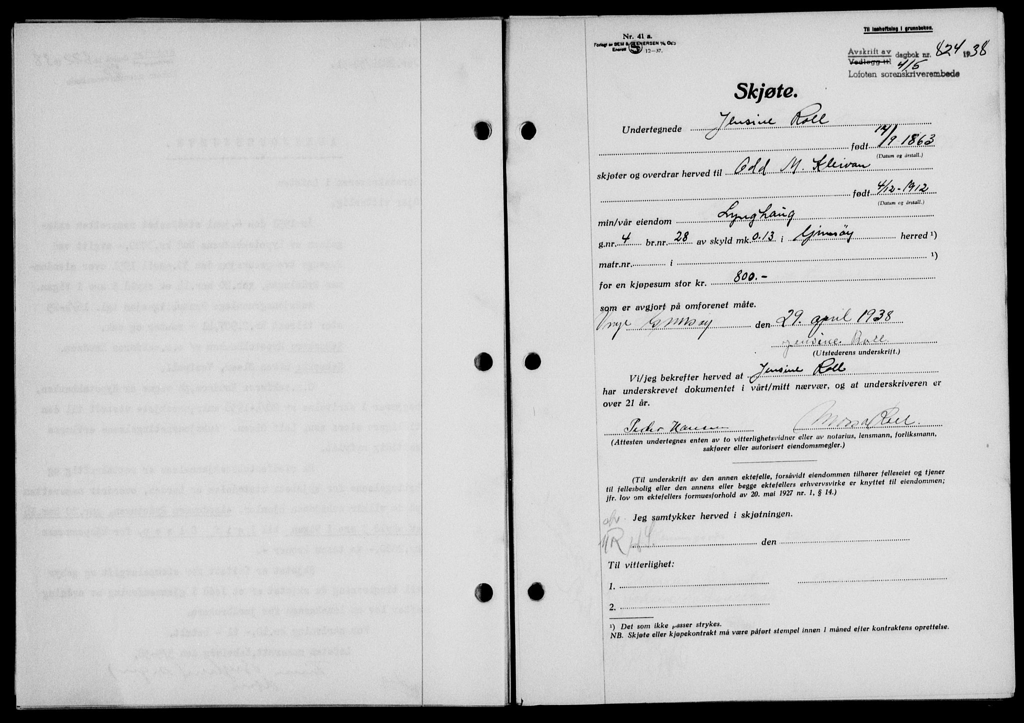 Lofoten sorenskriveri, SAT/A-0017/1/2/2C/L0004a: Mortgage book no. 4a, 1938-1938, Diary no: : 824/1938