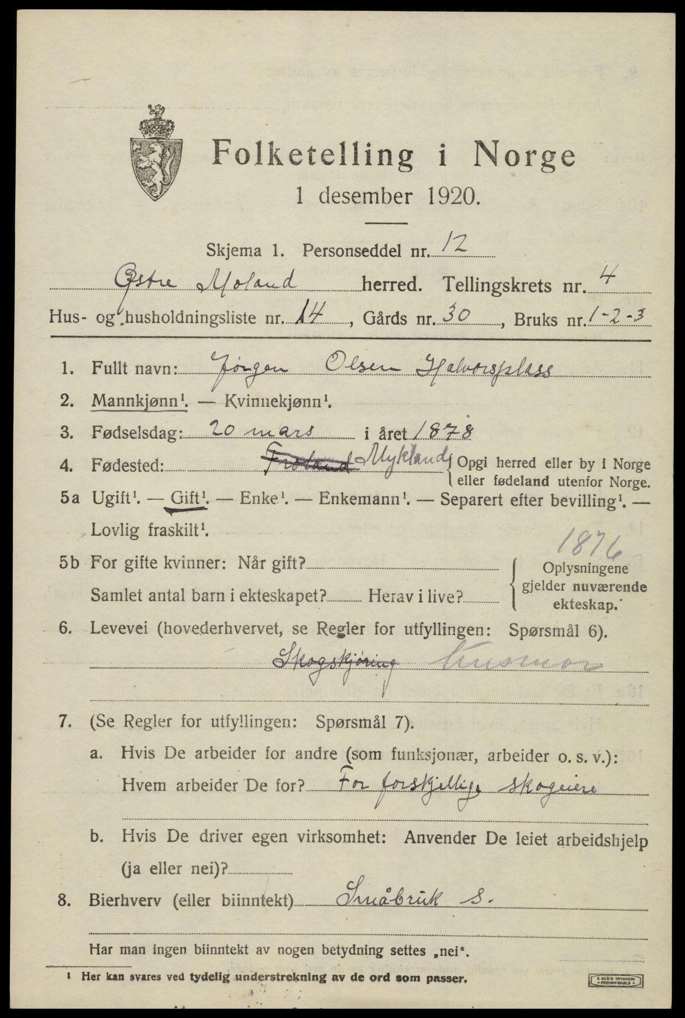 SAK, 1920 census for Austre Moland, 1920, p. 2213