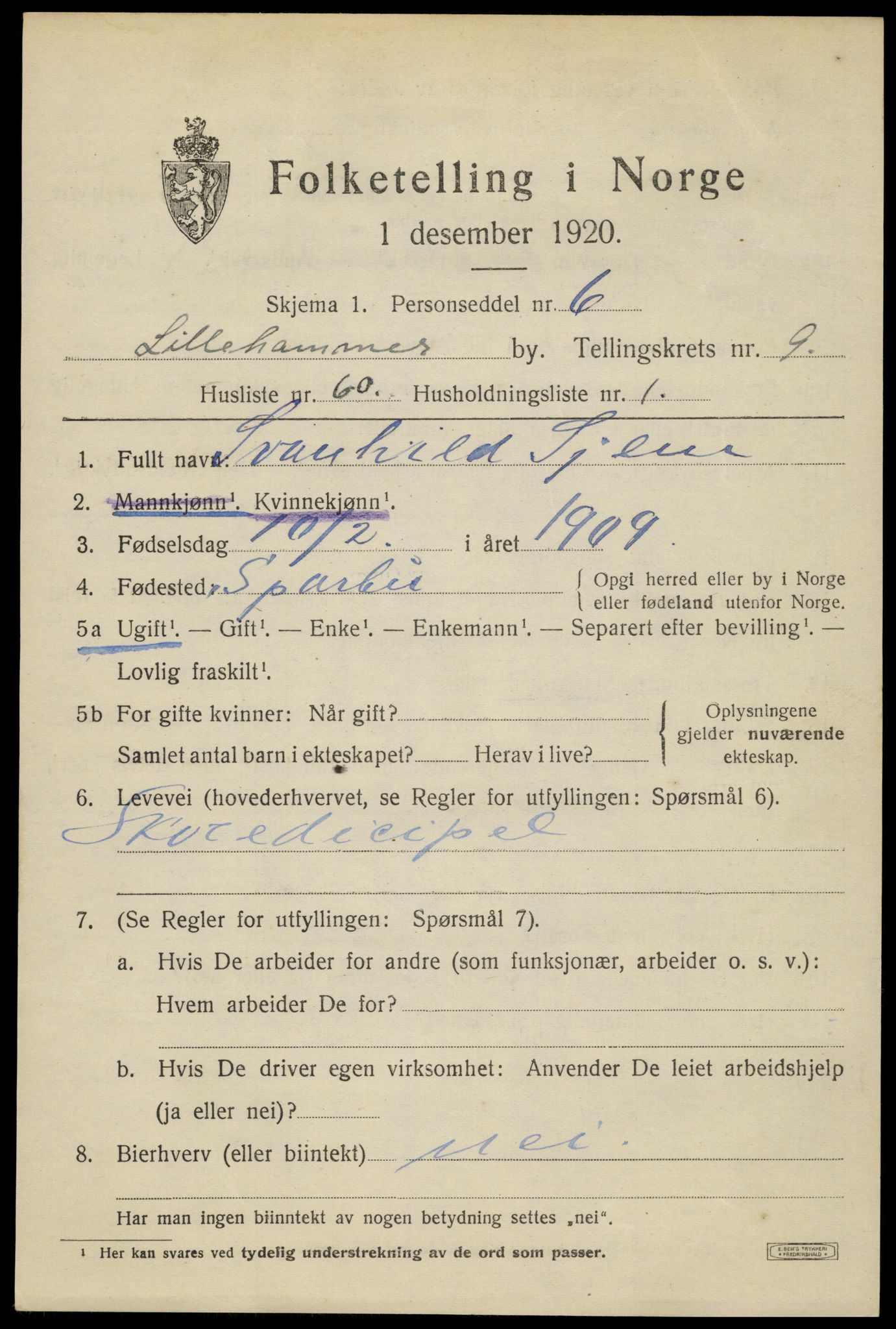 SAH, 1920 census for Lillehammer, 1920, p. 12512