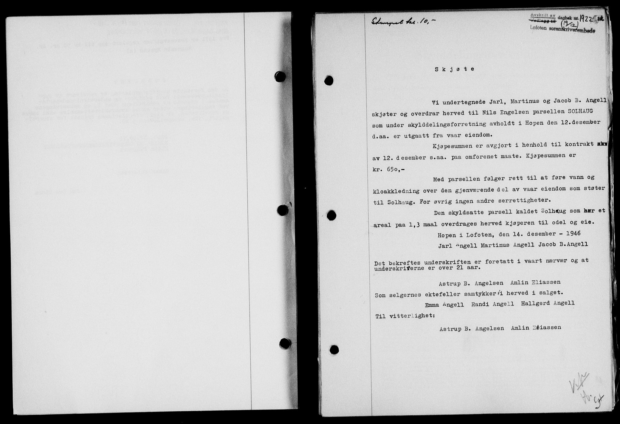 Lofoten sorenskriveri, SAT/A-0017/1/2/2C/L0015a: Mortgage book no. 15a, 1946-1947, Diary no: : 1922/1946