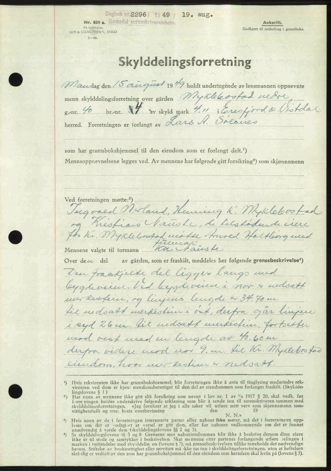 Romsdal sorenskriveri, AV/SAT-A-4149/1/2/2C: Mortgage book no. A30, 1949-1949, Diary no: : 2296/1949