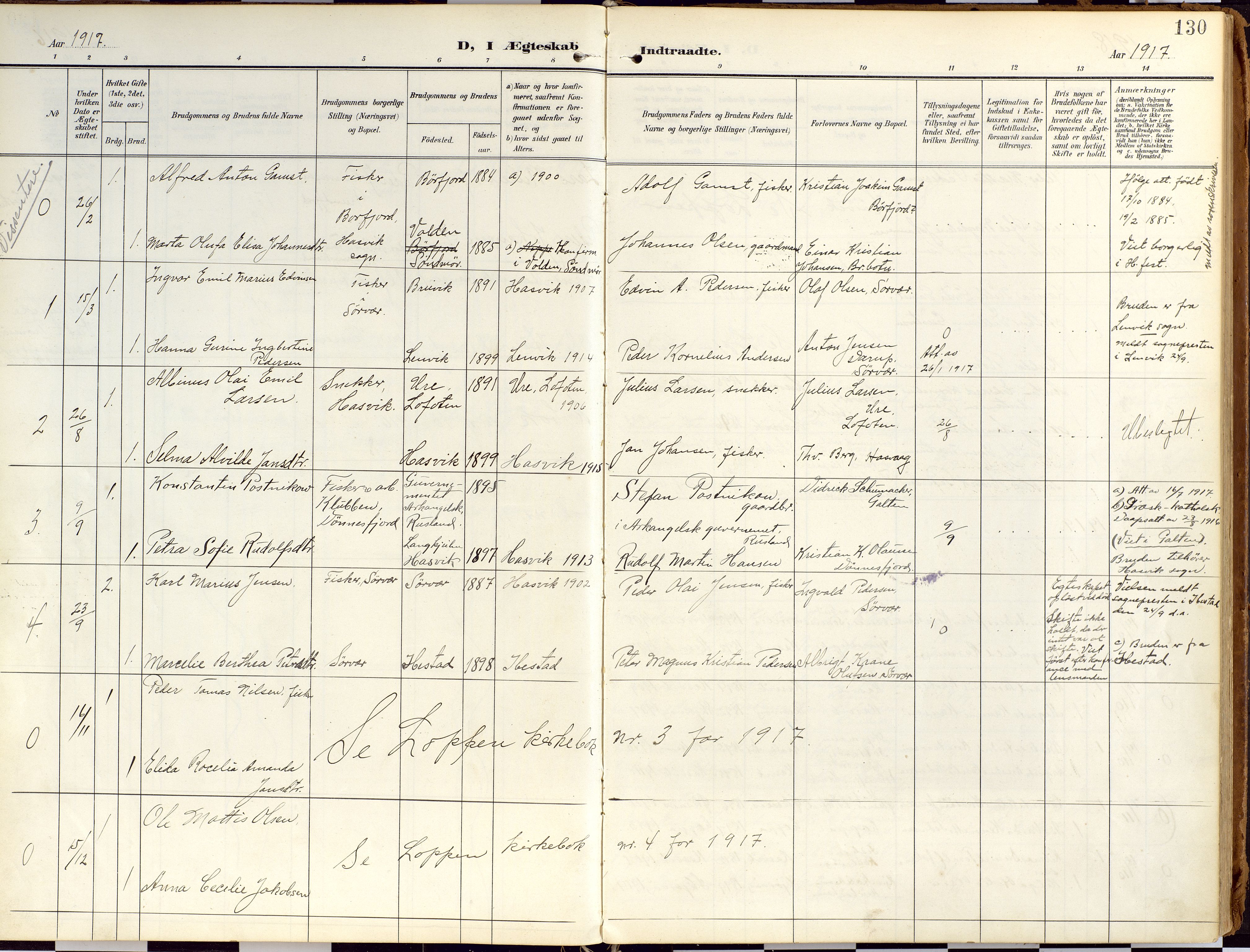 Loppa sokneprestkontor, SATØ/S-1339/H/Ha/L0010kirke: Parish register (official) no. 10, 1907-1922, p. 130