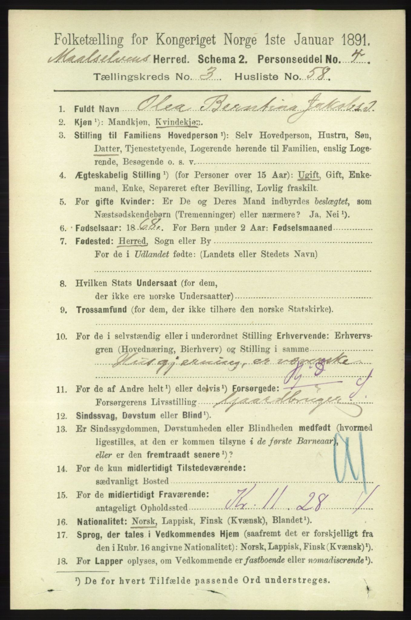 RA, 1891 census for 1924 Målselv, 1891, p. 996
