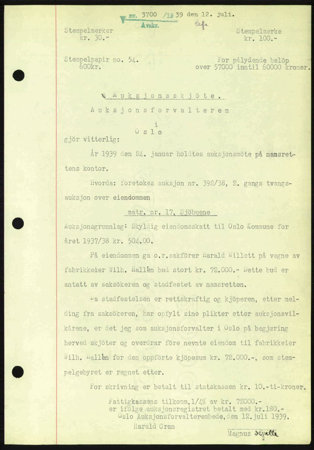 Oslo byskriverembete, AV/SAO-A-10227/G/Gb/Gbb/Gbbb/L0004: Mortgage book no. VA4, 1939-1939, Diary no: : 3700/1939