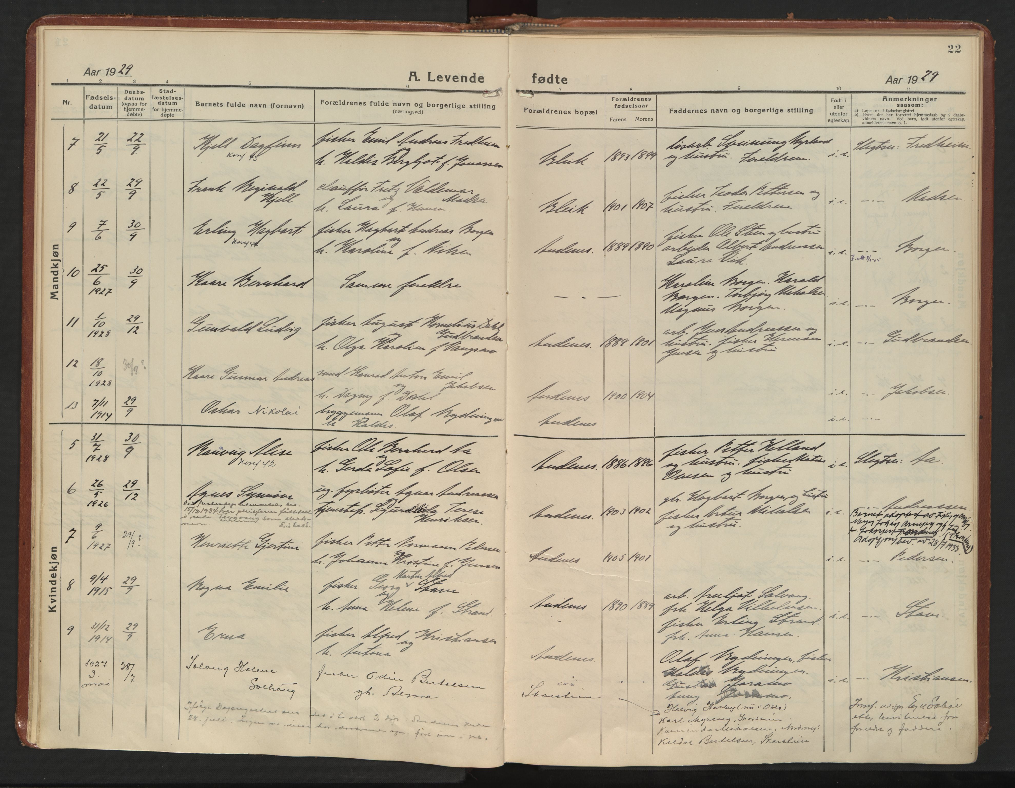 Ministerialprotokoller, klokkerbøker og fødselsregistre - Nordland, AV/SAT-A-1459/899/L1441: Parish register (official) no. 899A09, 1923-1939, p. 22