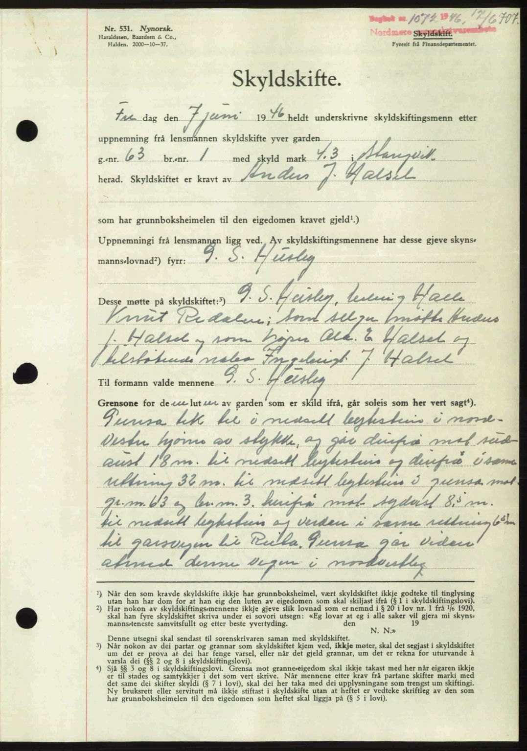 Nordmøre sorenskriveri, AV/SAT-A-4132/1/2/2Ca: Mortgage book no. A101, 1946-1946, Diary no: : 1072/1946