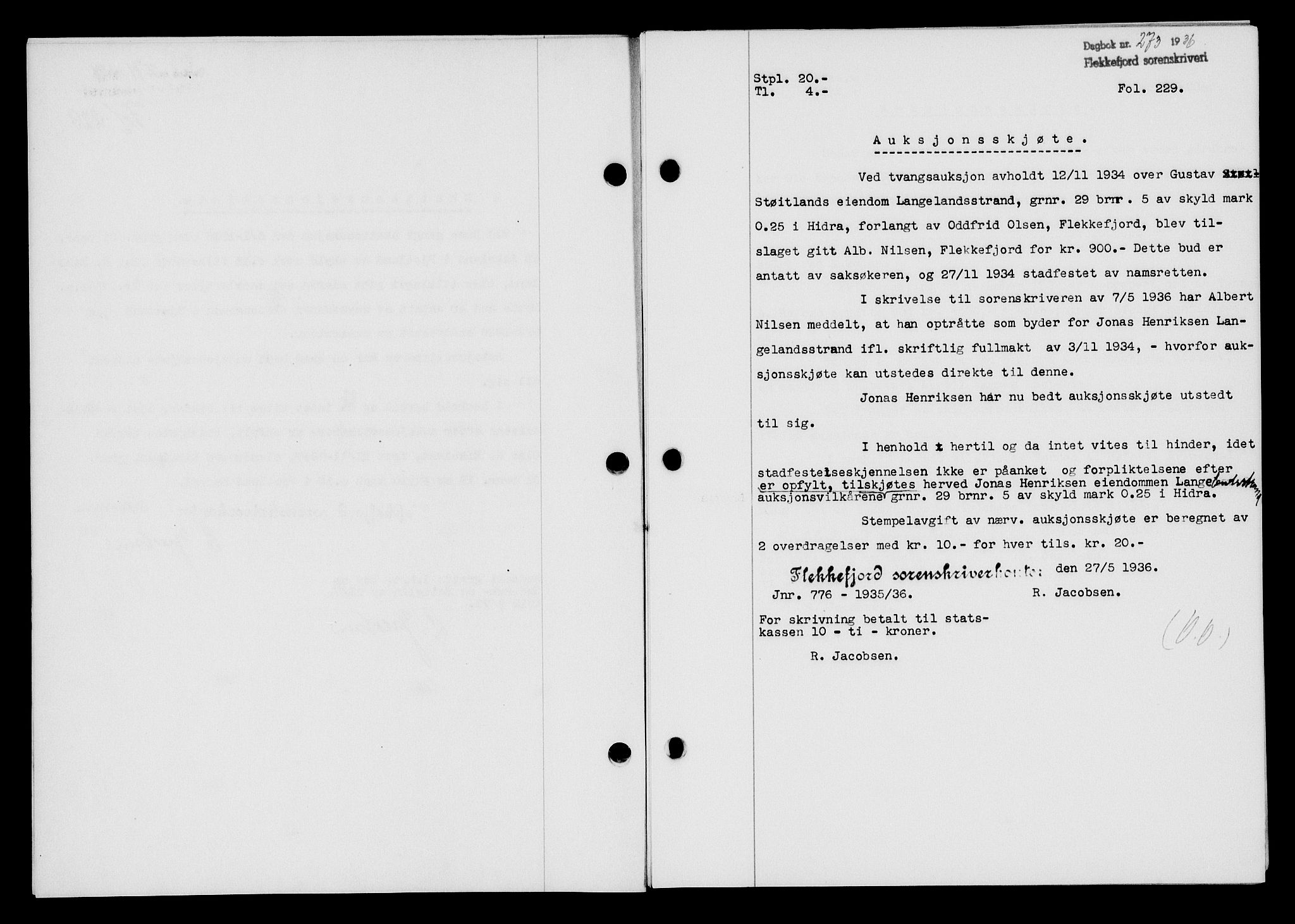 Flekkefjord sorenskriveri, SAK/1221-0001/G/Gb/Gba/L0053: Mortgage book no. A-1, 1936-1937, Diary no: : 273/1936