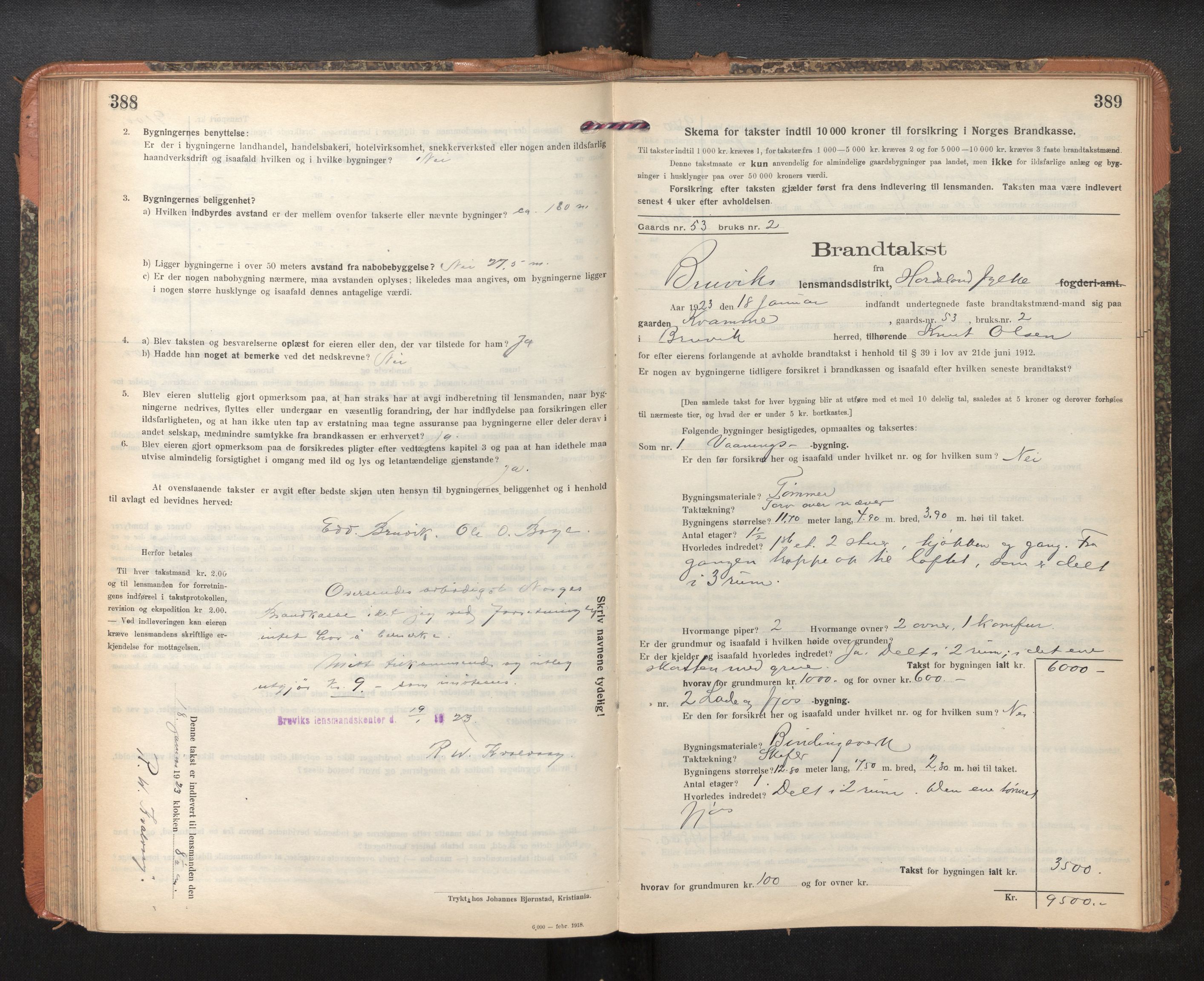 Lensmannen i Bruvik, SAB/A-31301/0012/L0009: Branntakstprotokoll, skjematakst, 1918-1925, p. 388-389