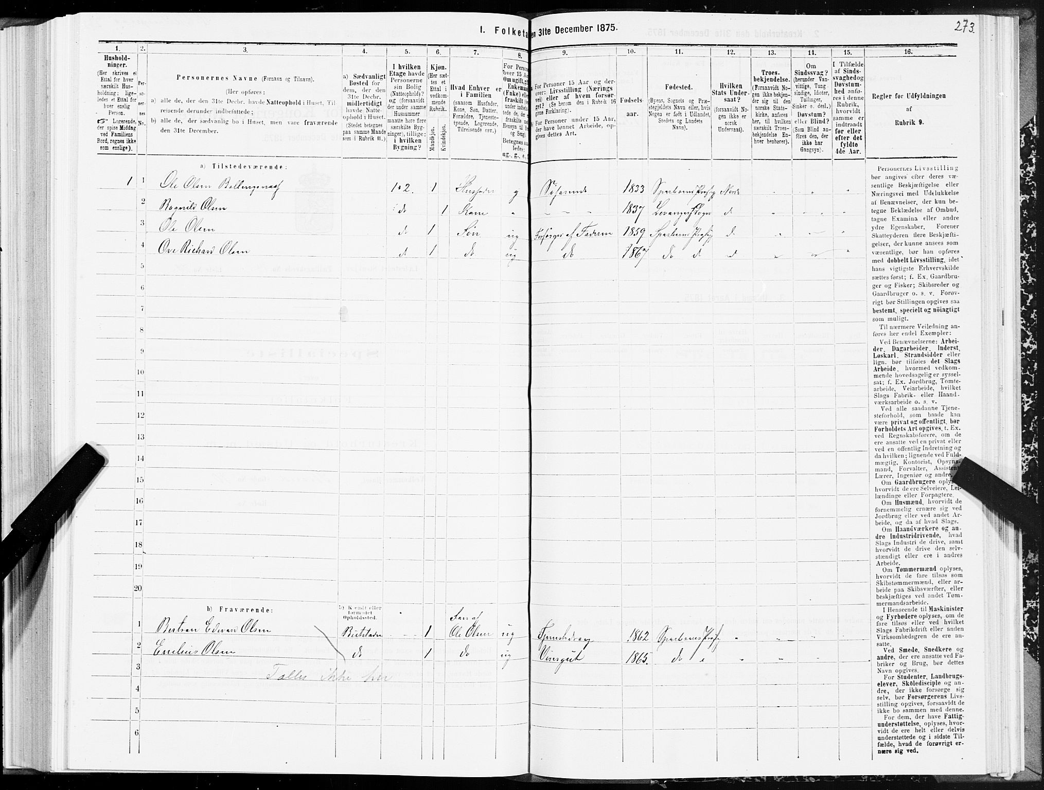 SAT, 1875 census for 1702B Steinkjer/Steinkjer, 1875, p. 273