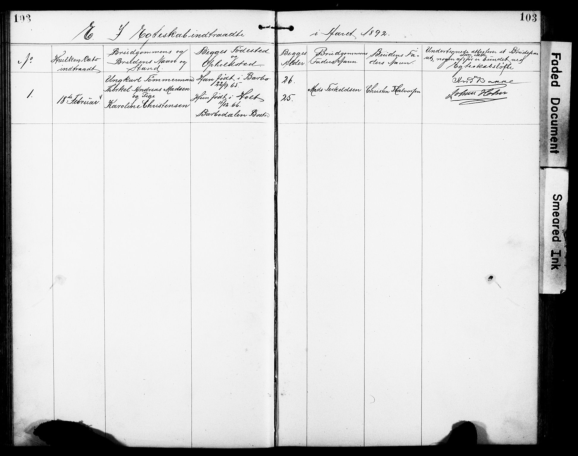 Den evangelisk-lutherske frimenighet, Arendal, SAK/1292-0005/F/Fa/L0002: Dissenter register no. F 6, 1884-1908, p. 103