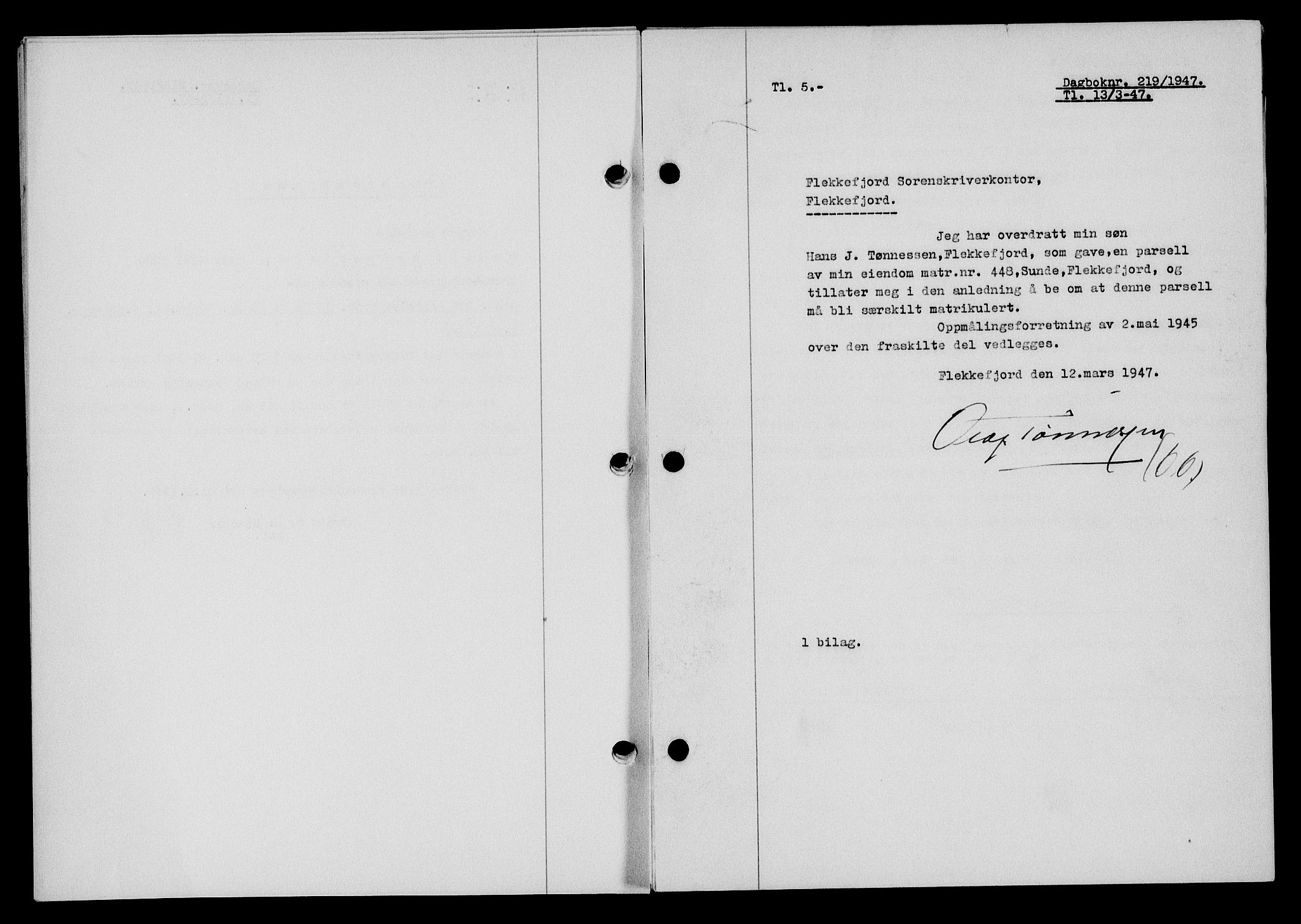 Flekkefjord sorenskriveri, AV/SAK-1221-0001/G/Gb/Gba/L0061: Mortgage book no. A-9, 1946-1947, Diary no: : 219/1947