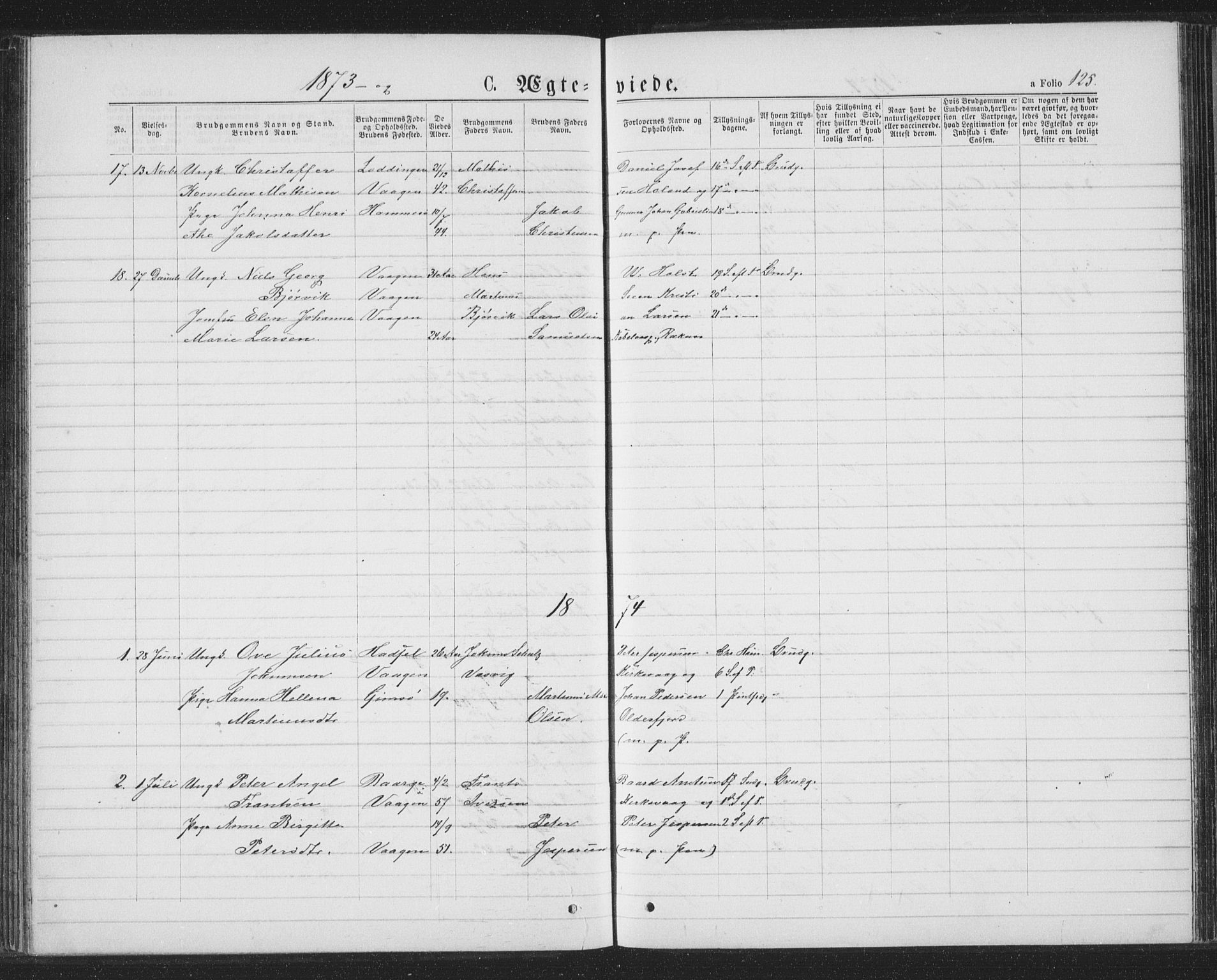 Ministerialprotokoller, klokkerbøker og fødselsregistre - Nordland, AV/SAT-A-1459/874/L1074: Parish register (copy) no. 874C03, 1870-1876, p. 125