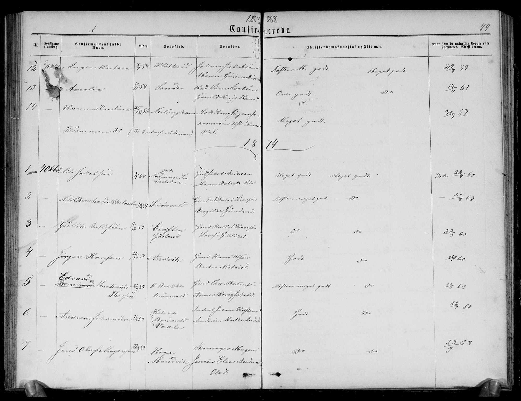 Brunlanes kirkebøker, AV/SAKO-A-342/G/Gb/L0001: Parish register (copy) no. II 1, 1866-1877, p. 84