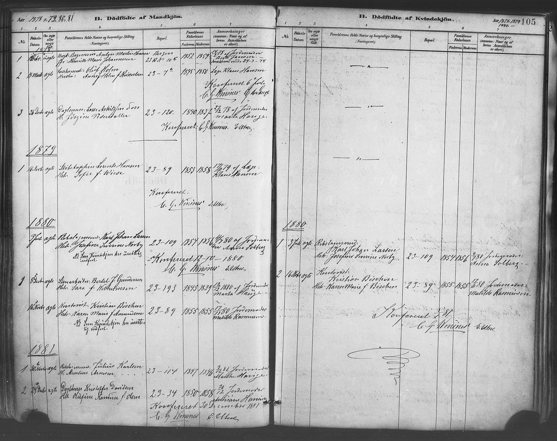Mariakirken Sokneprestembete, SAB/A-76901/H/Haa/L0007: Parish register (official) no. A 7, 1878-1893, p. 105