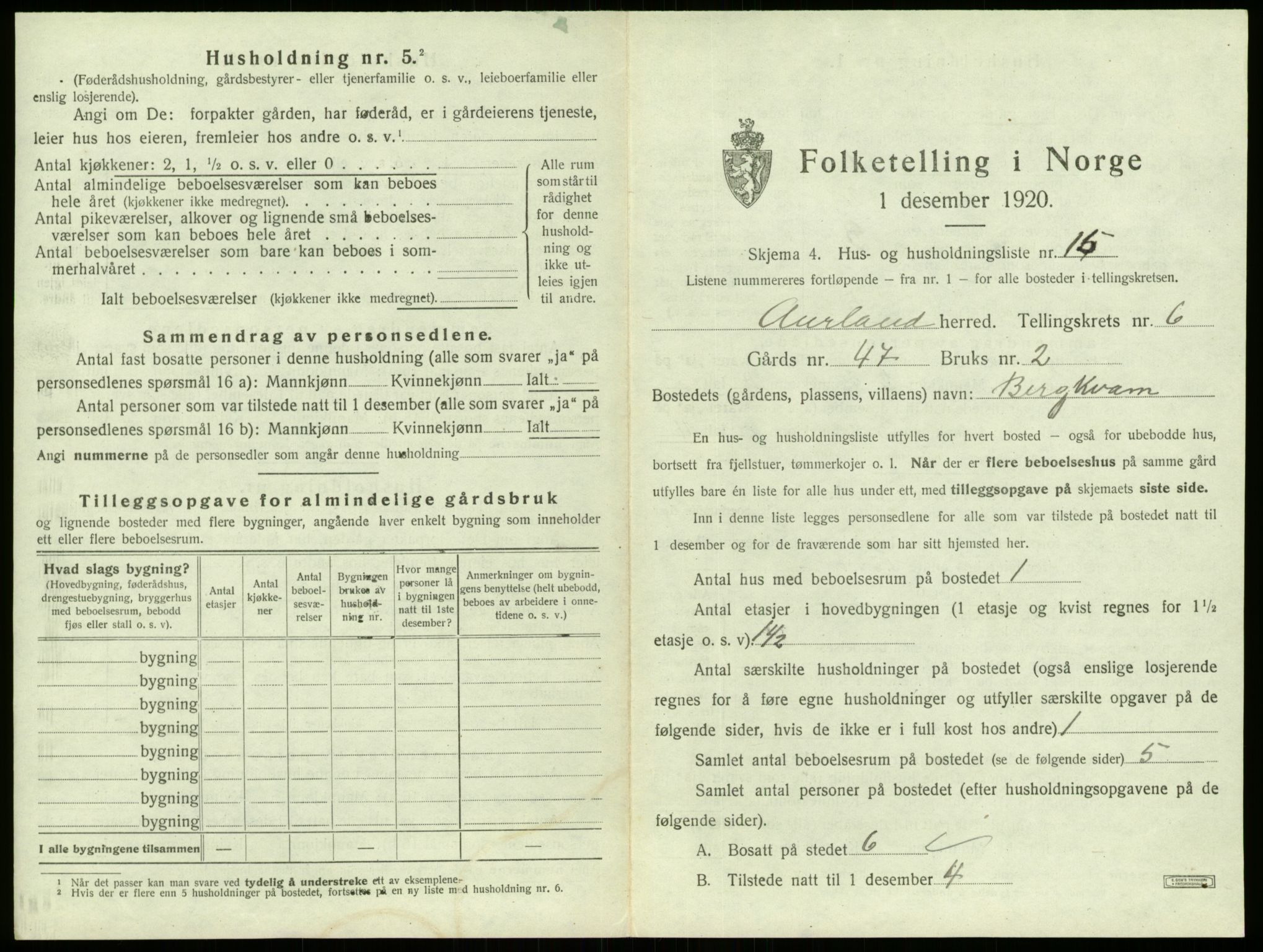 SAB, 1920 census for Aurland, 1920, p. 556