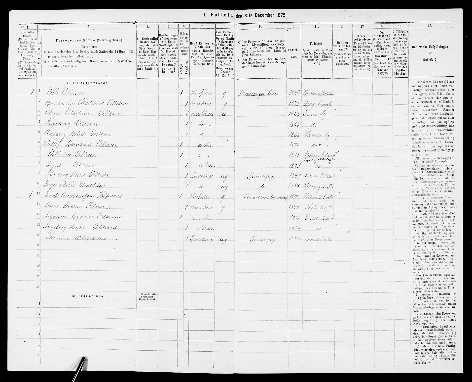 SAK, 1875 census for 0926L Vestre Moland/Vestre Moland, 1875, p. 177