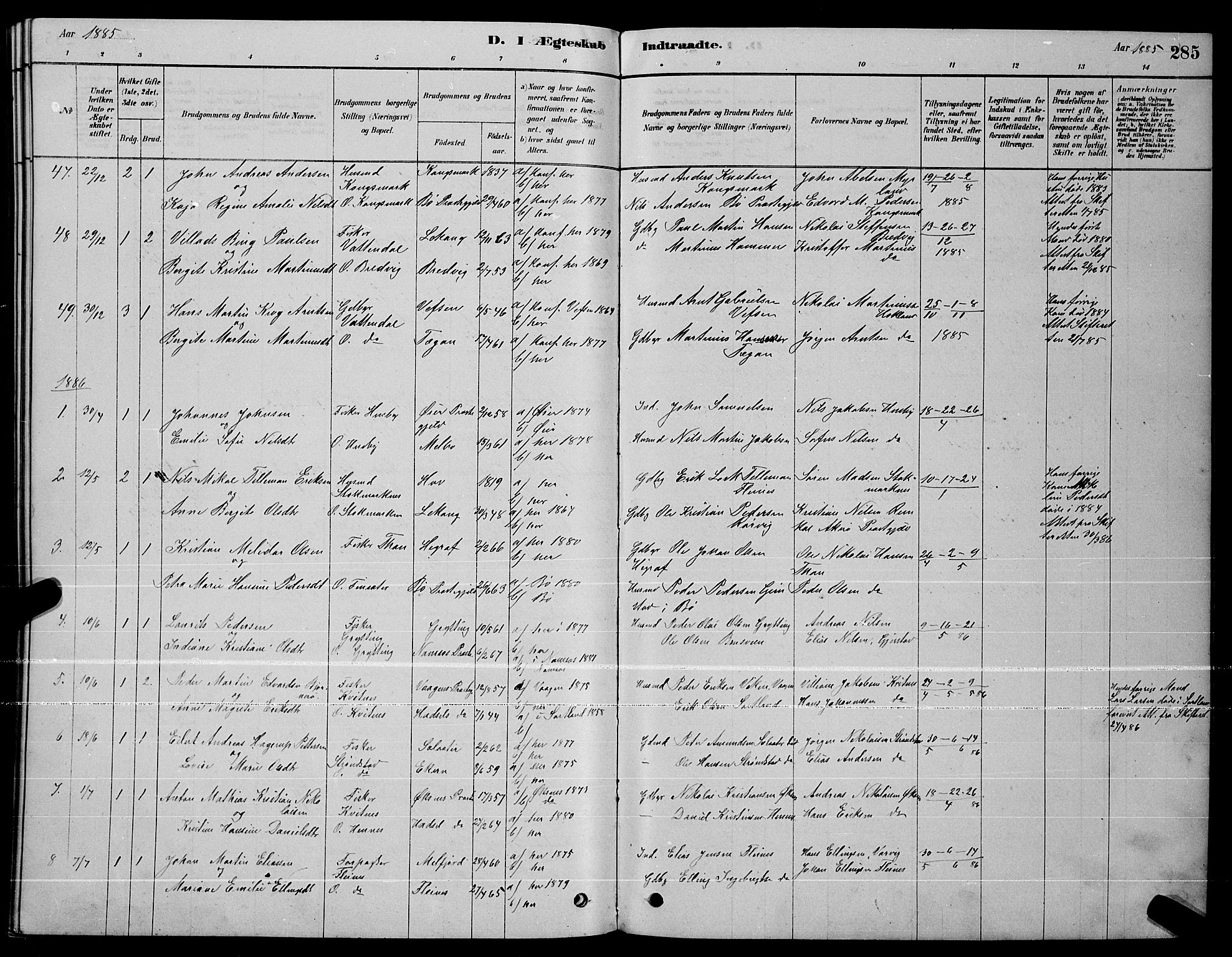 Ministerialprotokoller, klokkerbøker og fødselsregistre - Nordland, AV/SAT-A-1459/888/L1267: Parish register (copy) no. 888C05, 1878-1890, p. 285