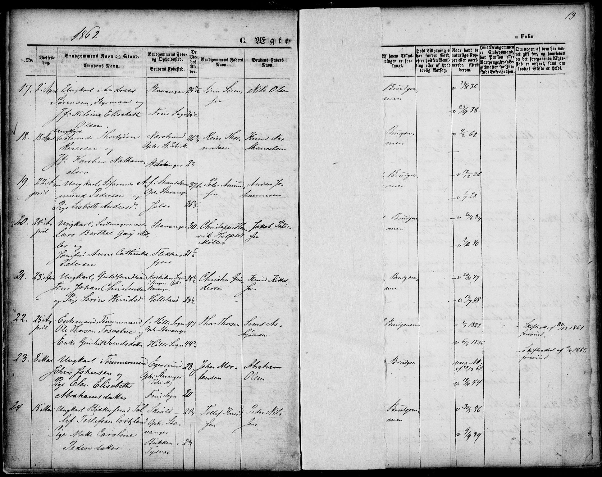 St. Petri sokneprestkontor, AV/SAST-A-101813/001/30/30BA/L0002: Parish register (official) no. A 2, 1861-1869, p. 13