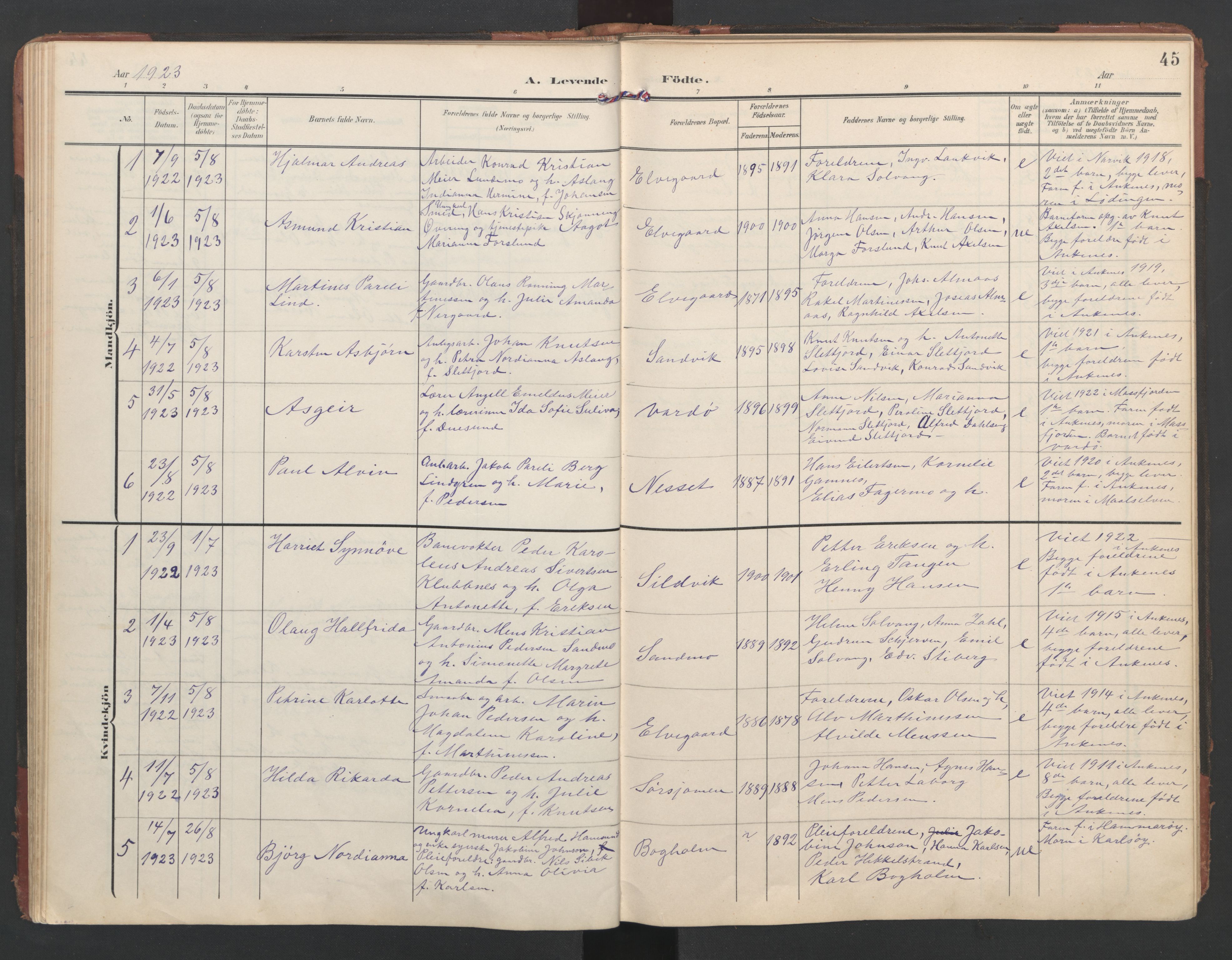 Ministerialprotokoller, klokkerbøker og fødselsregistre - Nordland, AV/SAT-A-1459/867/L0966: Parish register (copy) no. 867C01, 1904-1952, p. 45