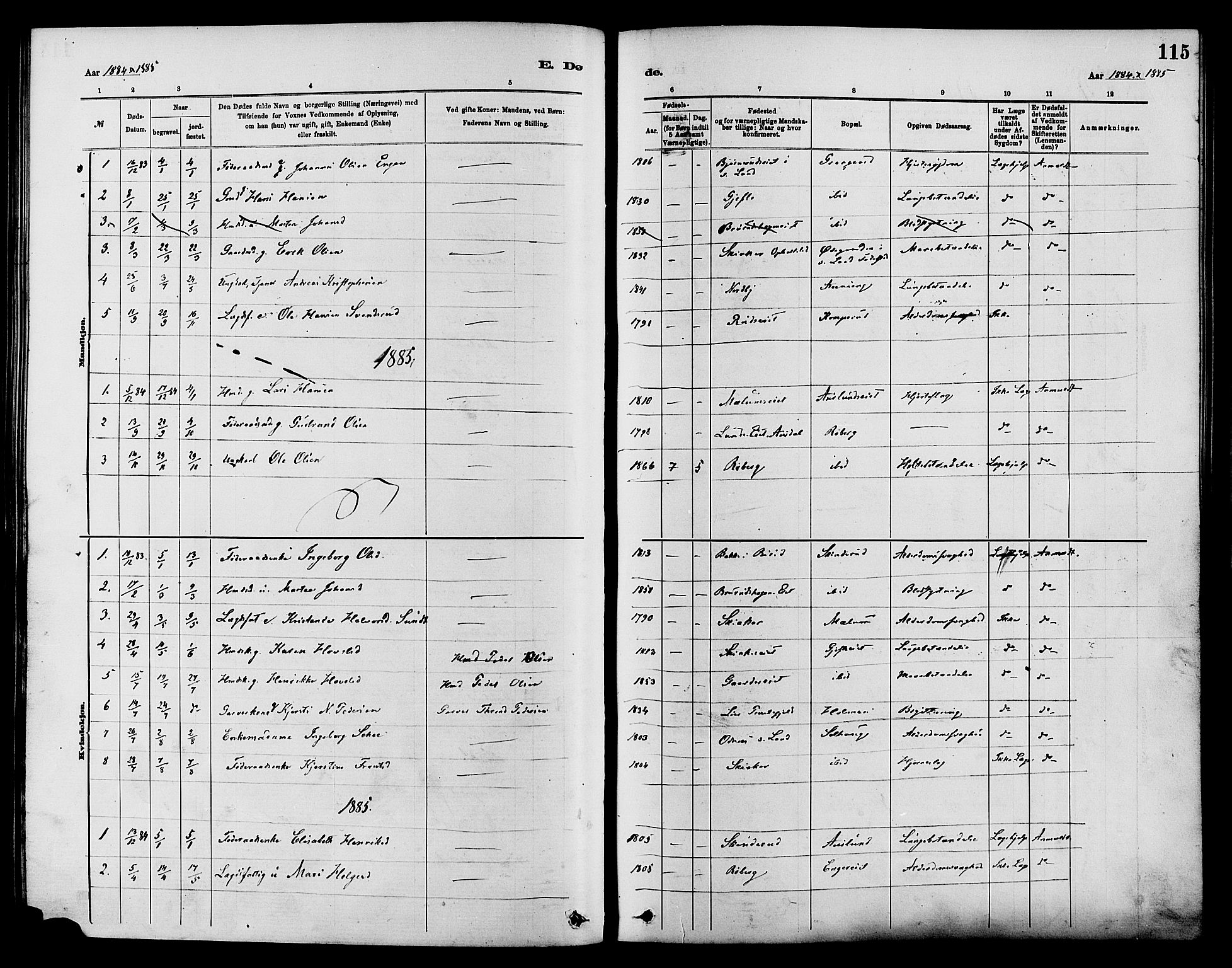 Nordre Land prestekontor, SAH/PREST-124/H/Ha/Haa/L0003: Parish register (official) no. 3, 1882-1896, p. 115
