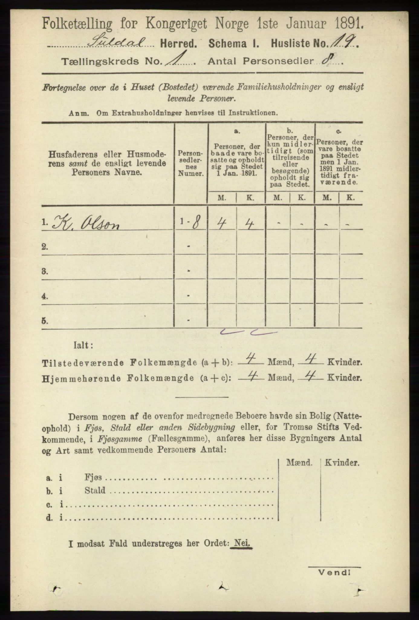 RA, 1891 census for 1134 Suldal, 1891, p. 43