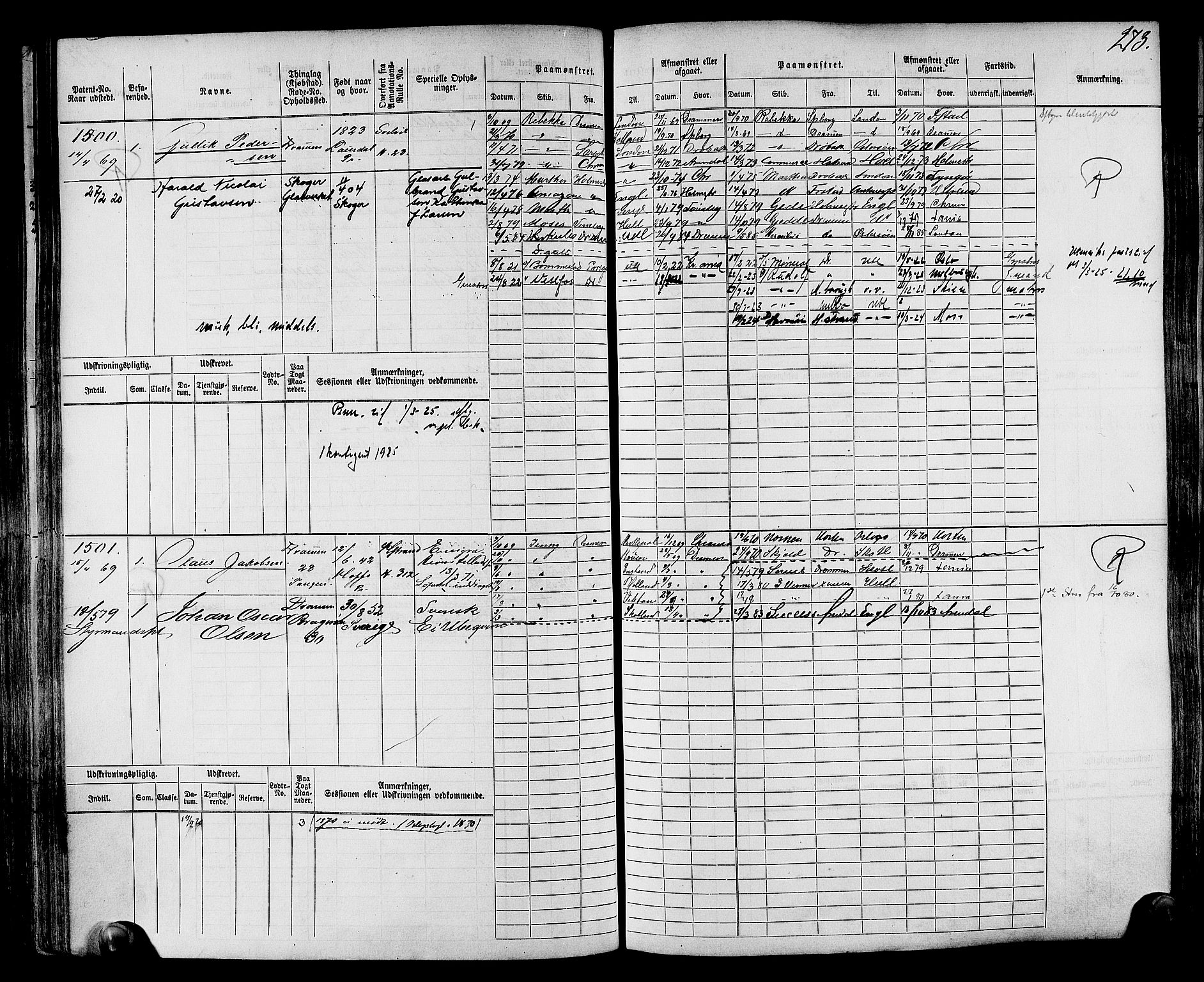 Drammen innrulleringsdistrikt, AV/SAKO-A-781/F/Fc/L0002: Hovedrulle, 1869, p. 279