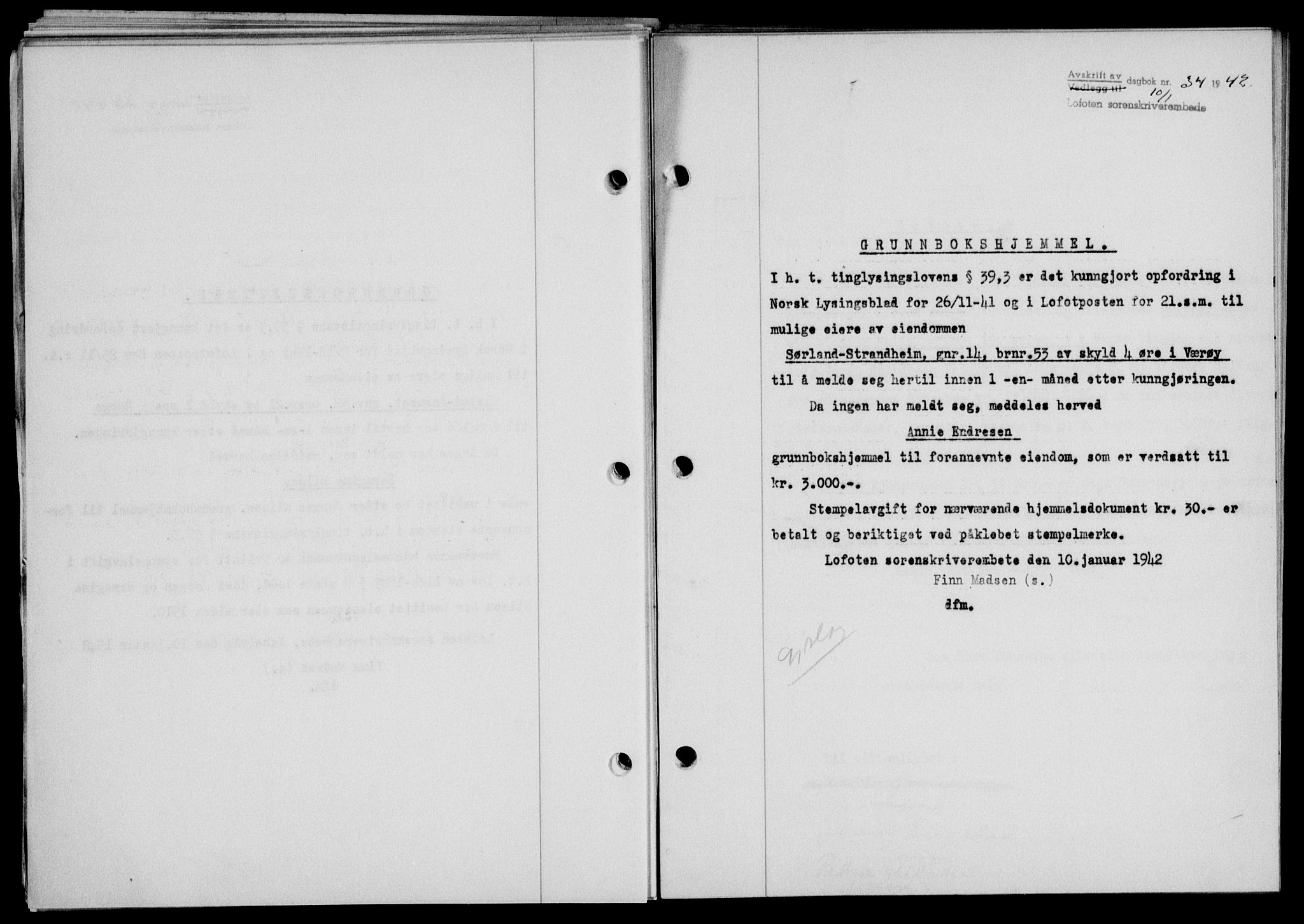 Lofoten sorenskriveri, SAT/A-0017/1/2/2C/L0009a: Mortgage book no. 9a, 1941-1942, Diary no: : 34/1942