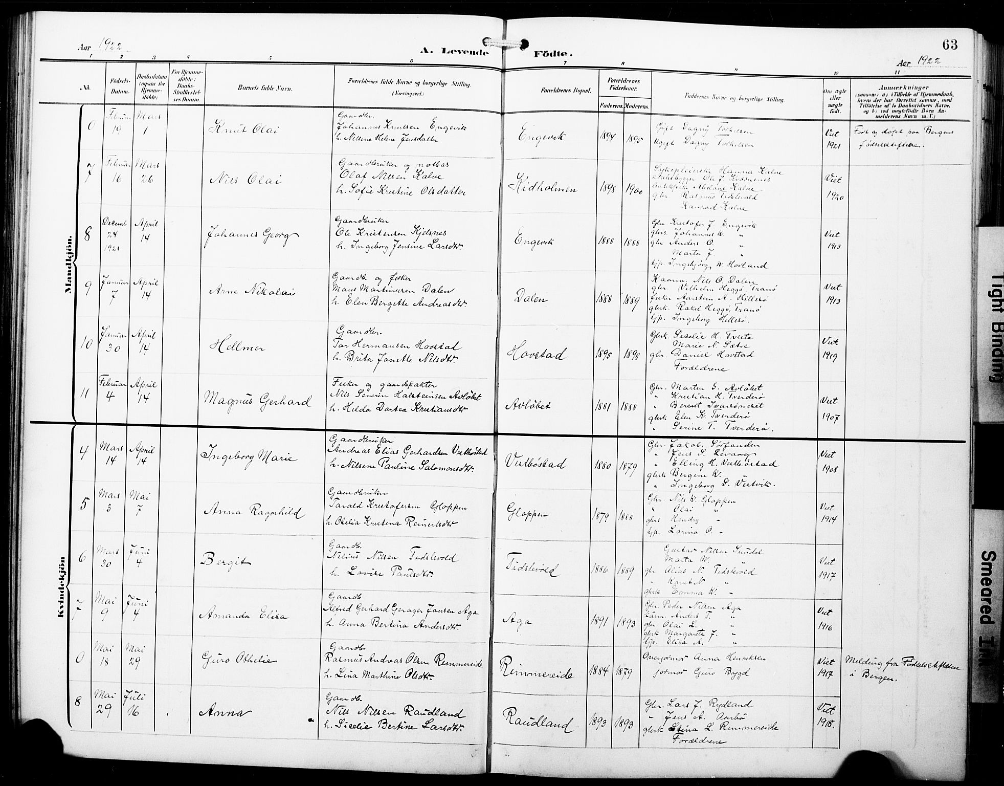 Fitjar sokneprestembete, AV/SAB-A-99926: Parish register (copy) no. B 1, 1906-1928, p. 63