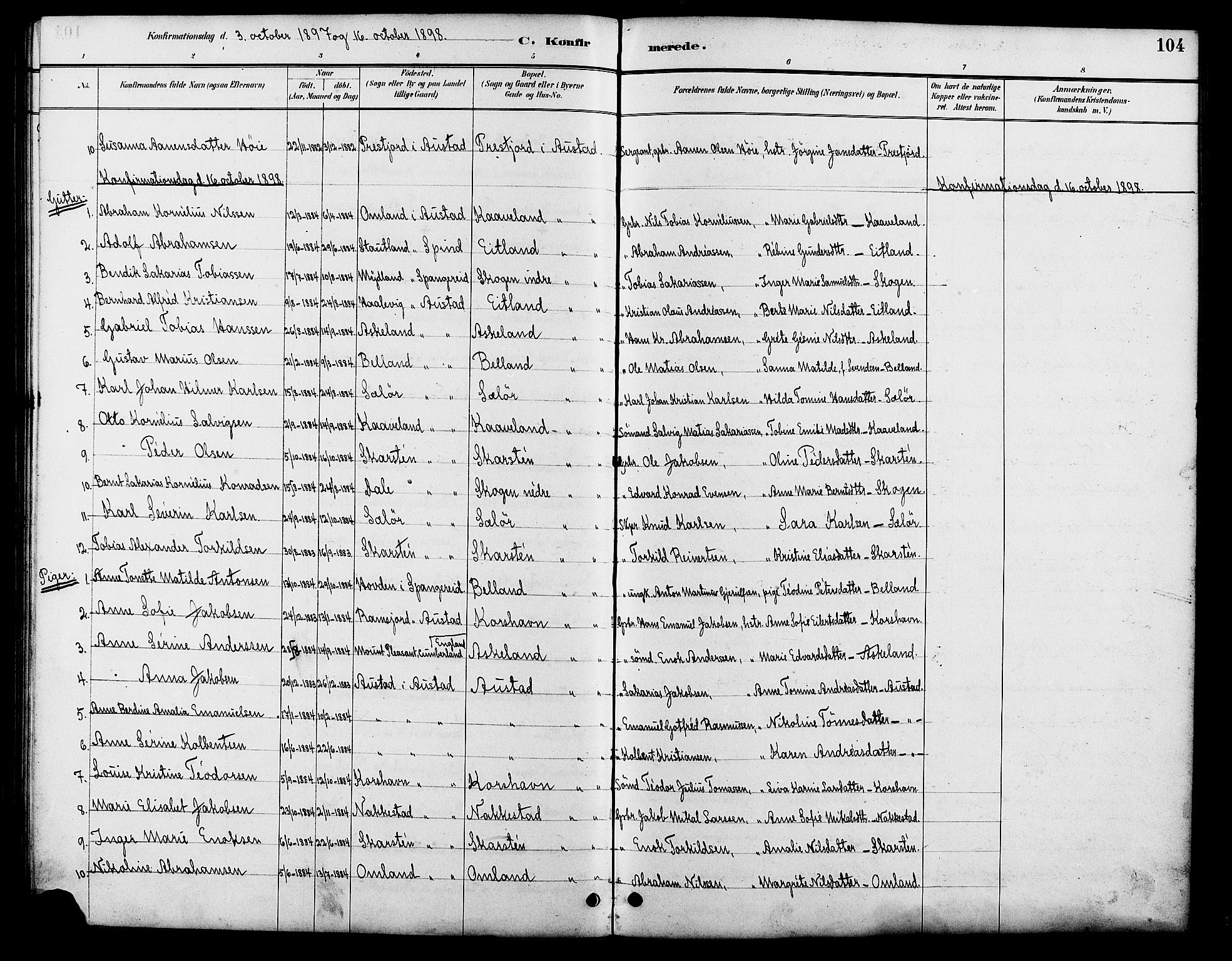 Lyngdal sokneprestkontor, AV/SAK-1111-0029/F/Fb/Fba/L0003: Parish register (copy) no. B 3, 1886-1903, p. 104