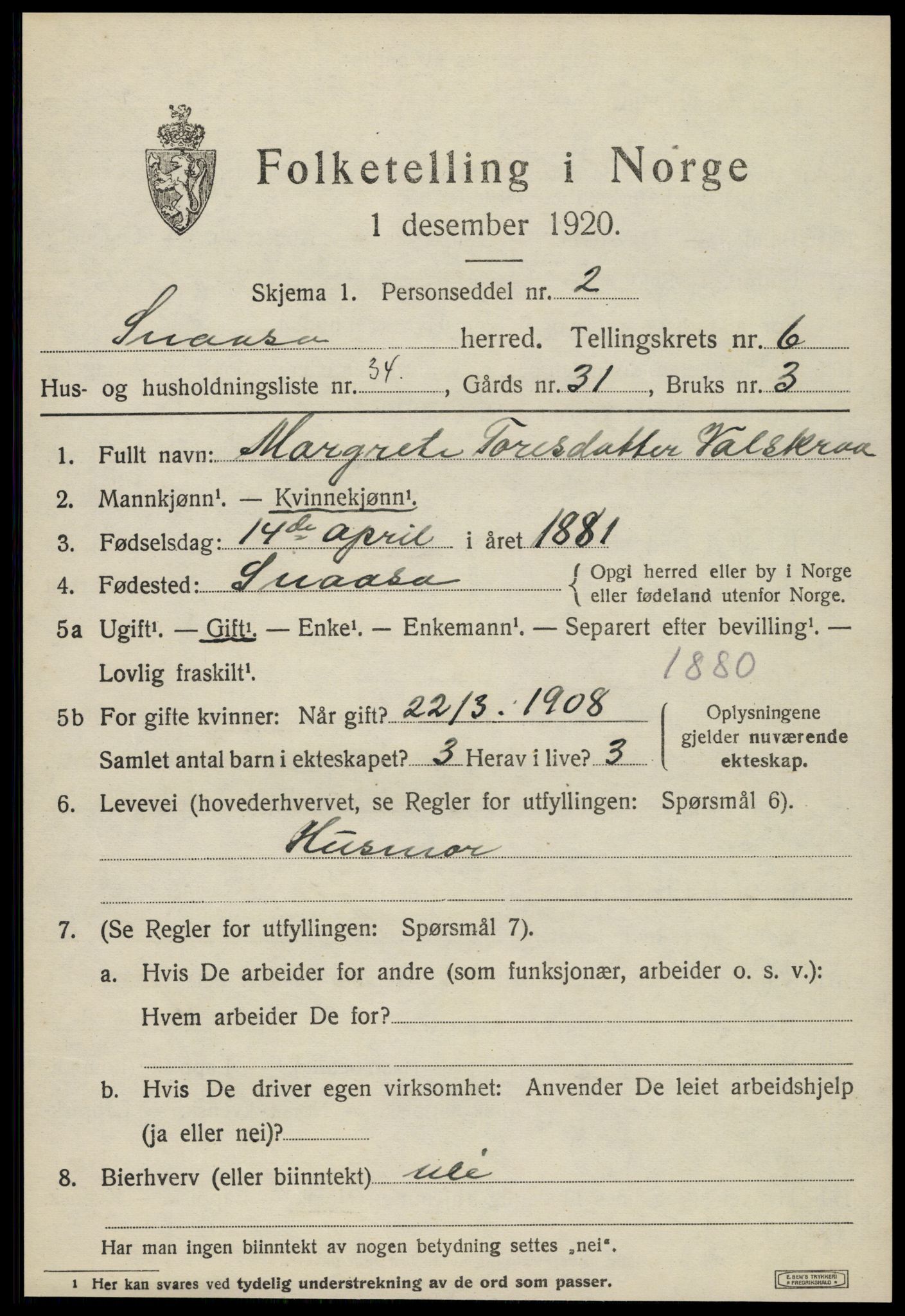 SAT, 1920 census for Snåsa, 1920, p. 2916
