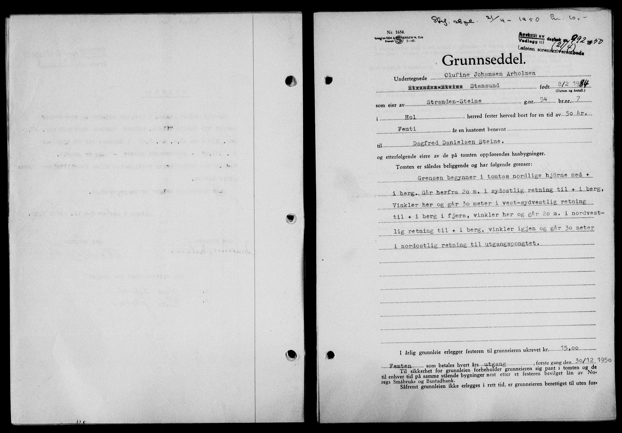 Lofoten sorenskriveri, SAT/A-0017/1/2/2C/L0023a: Mortgage book no. 23a, 1950-1950, Diary no: : 992/1950