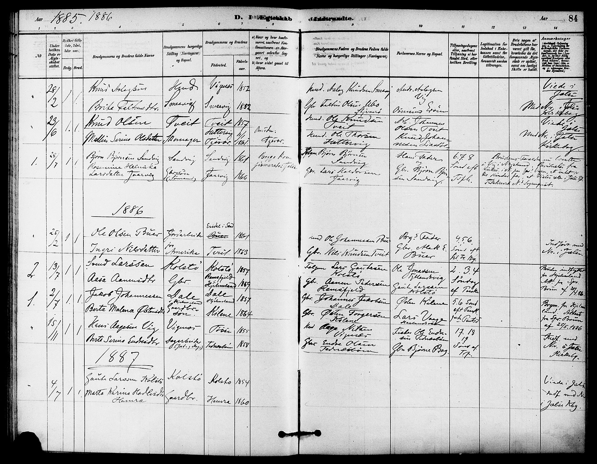 Jelsa sokneprestkontor, SAST/A-101842/01/IV: Parish register (official) no. A 9, 1878-1898, p. 84