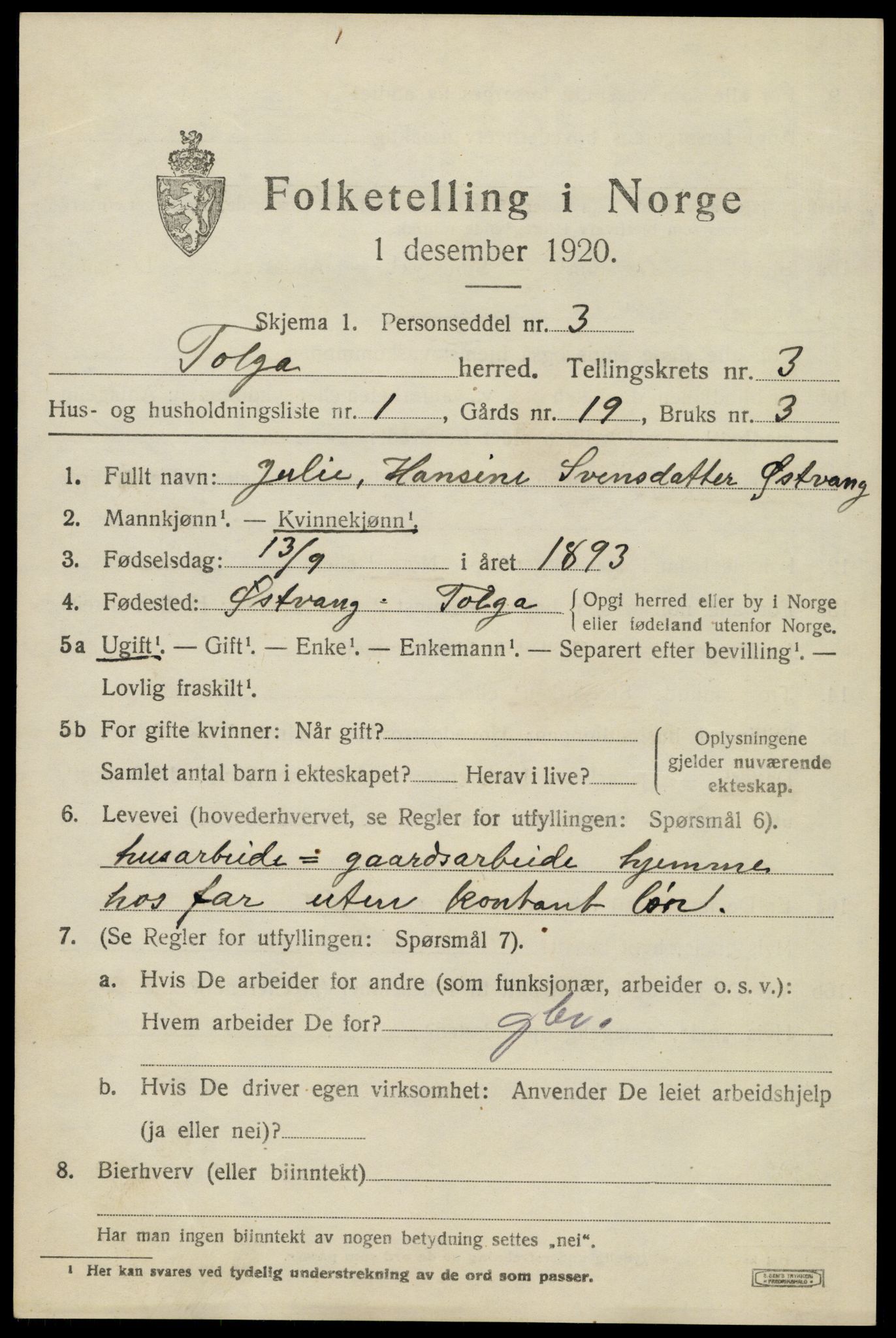 SAH, 1920 census for Tolga, 1920, p. 2227