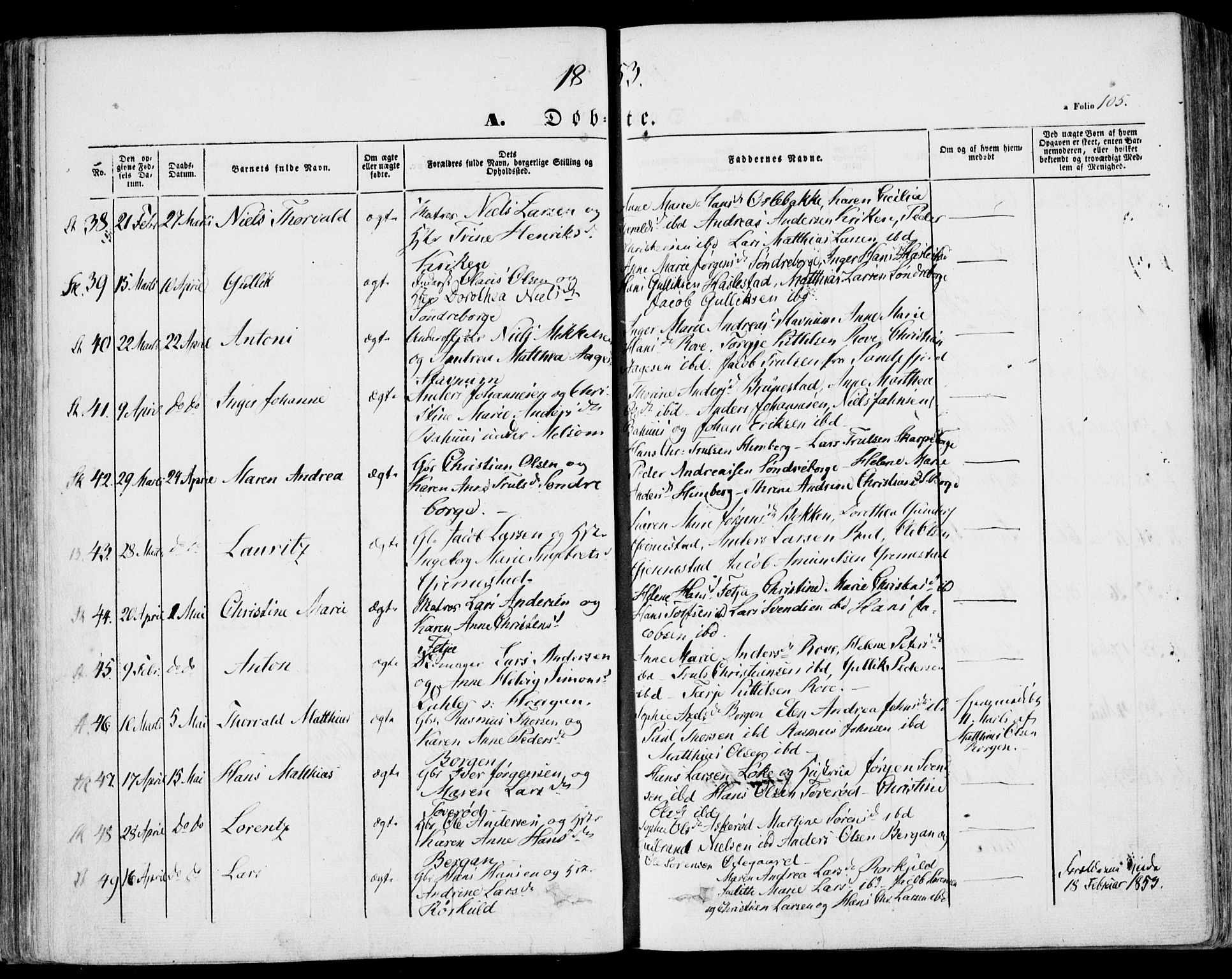 Stokke kirkebøker, AV/SAKO-A-320/F/Fa/L0007: Parish register (official) no. I 7, 1844-1857, p. 105