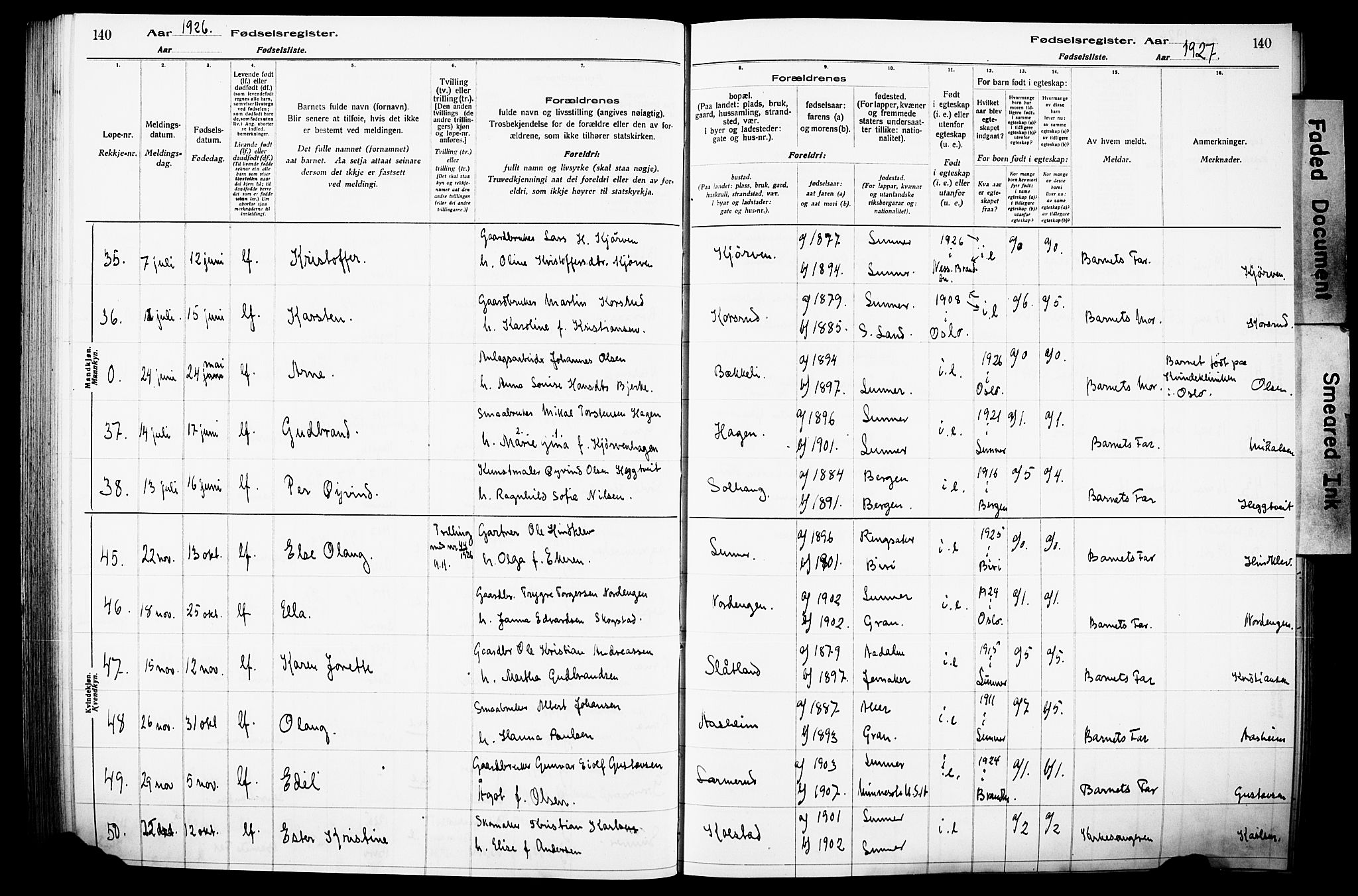 Lunner prestekontor, AV/SAH-PREST-118/I/Id/L0001: Birth register no. 1, 1916-1932, p. 140