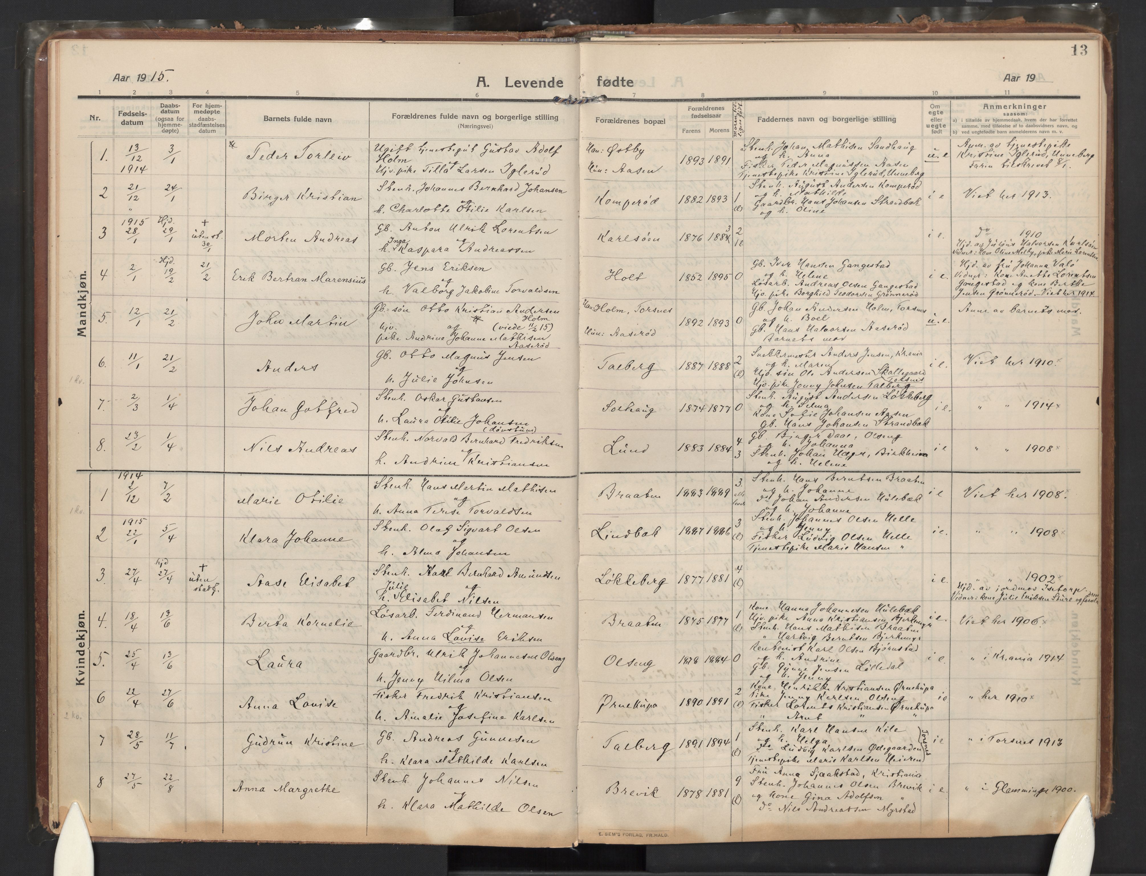Skjeberg prestekontor Kirkebøker, AV/SAO-A-10923/F/Fb/L0003: Parish register (official) no. II 3, 1911-1938, p. 13