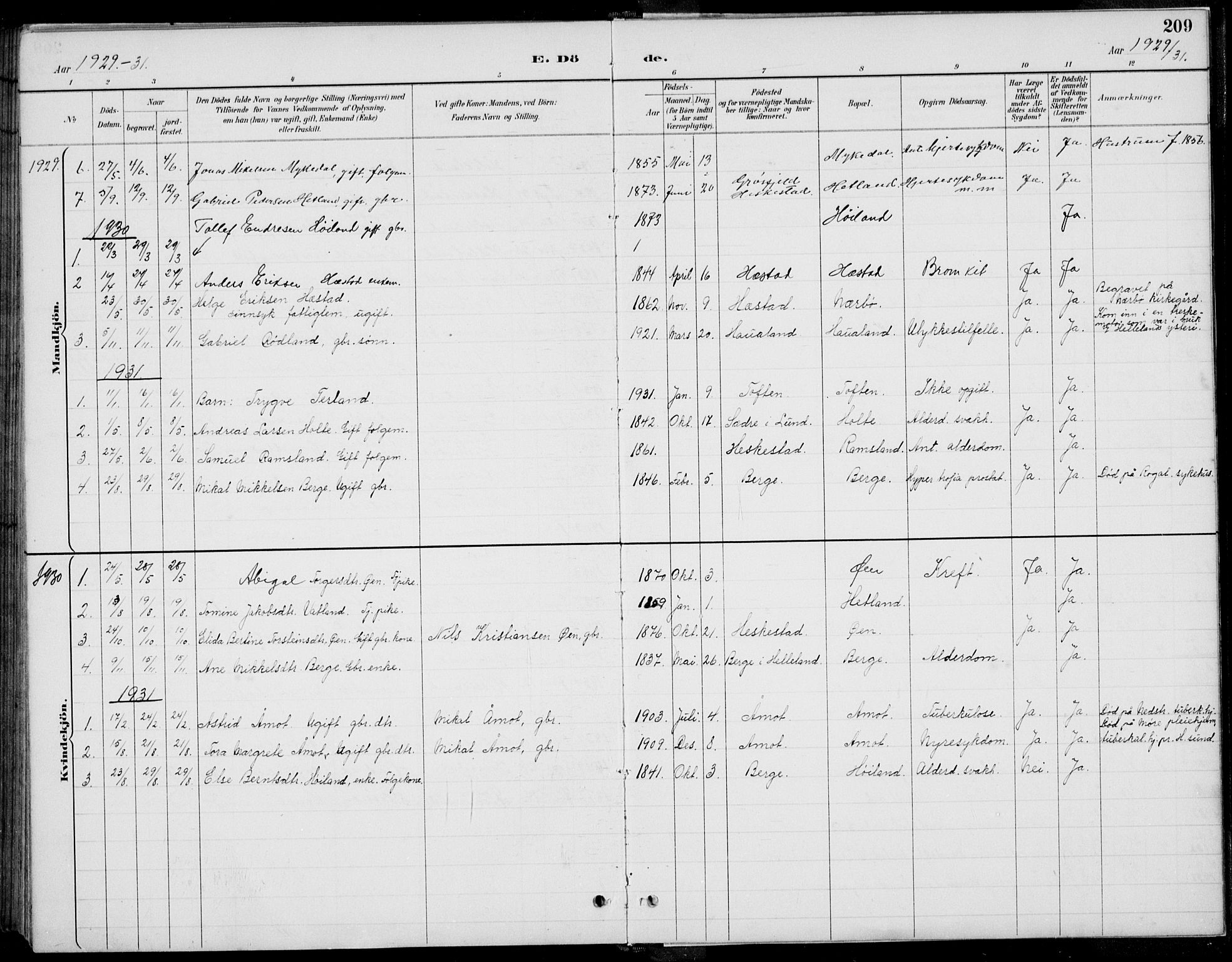 Helleland sokneprestkontor, SAST/A-101810: Parish register (copy) no. B 4, 1887-1941, p. 209