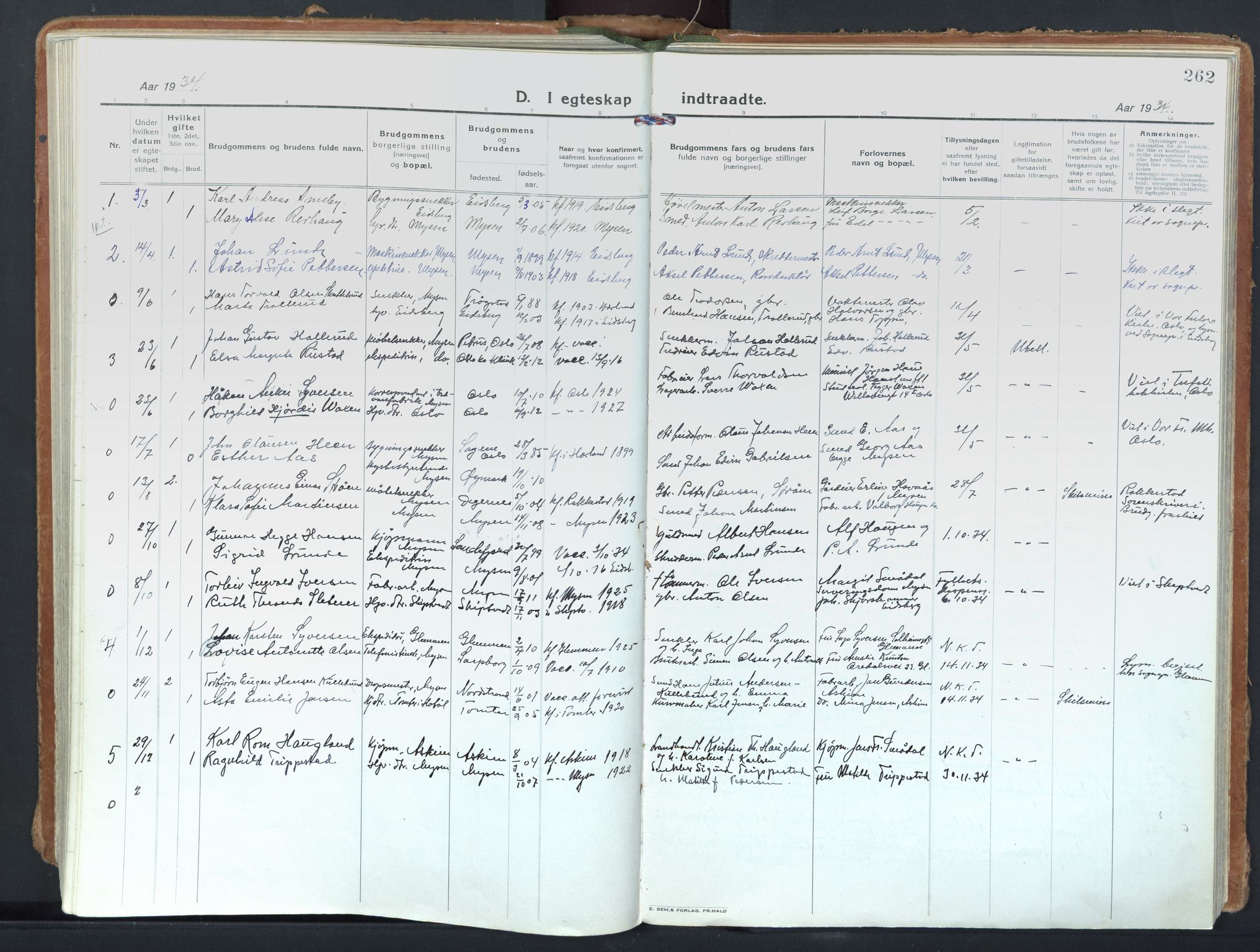 Eidsberg prestekontor Kirkebøker, AV/SAO-A-10905/F/Fd/L0001: Parish register (official) no. IV 1, 1921-1948, p. 262